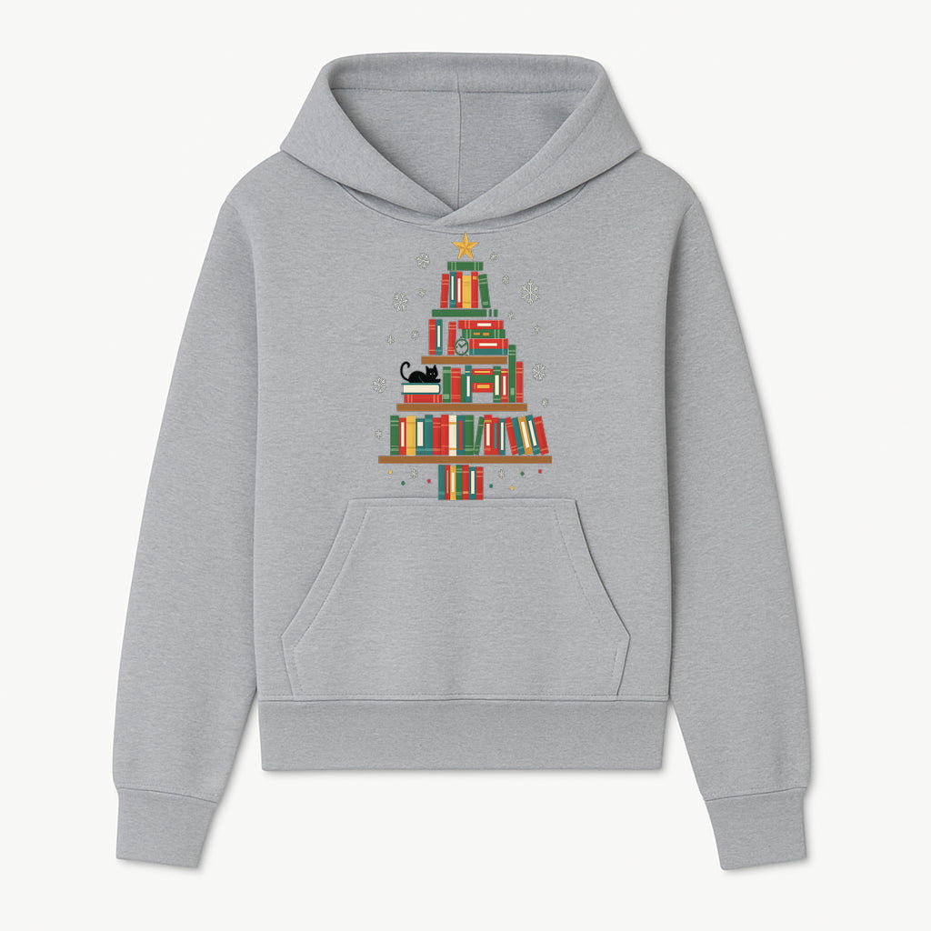 Christmas Tree Bookshelf Decor with Black Cat, Snowflakes, Vintage Style Holiday Wall Art, Perfect for Book Lovers - Hoodie 1758341631690.jpg