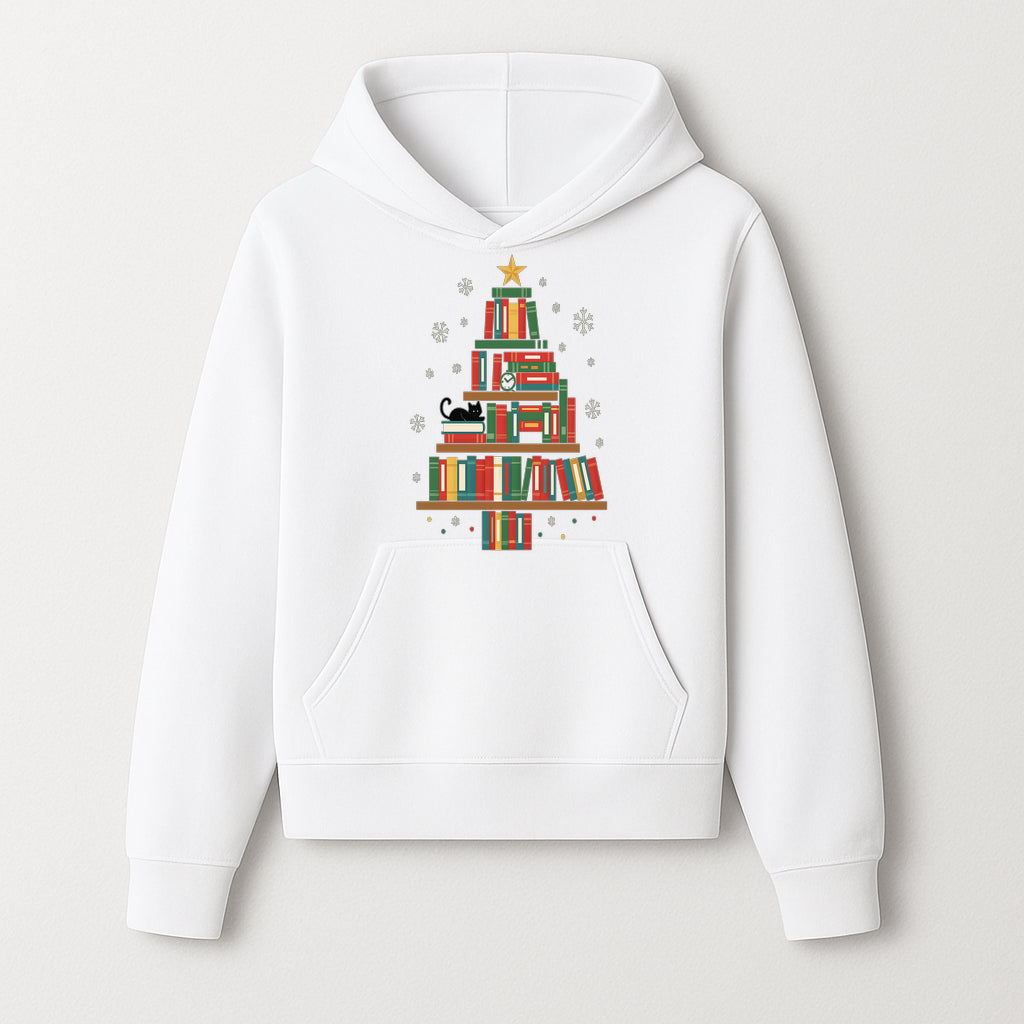 Christmas Tree Bookshelf Decor with Black Cat, Snowflakes, Vintage Style Holiday Wall Art, Perfect for Book Lovers - Hoodie 1758341631870.jpg