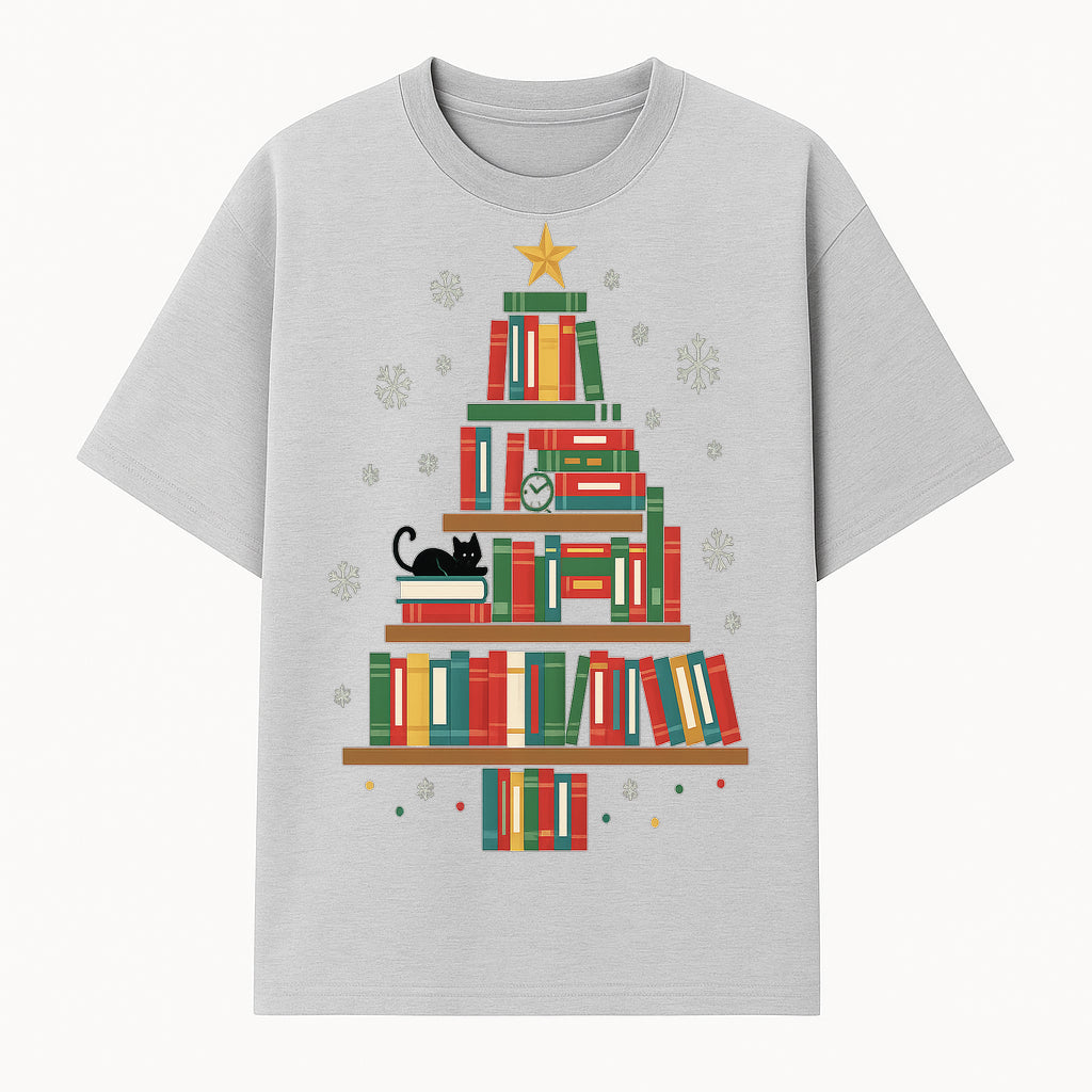 Christmas Tree Bookshelf Decor with Black Cat, Snowflakes, Vintage Style Holiday Wall Art, Perfect for Book Lovers - T-shirt 1758341633300.jpg