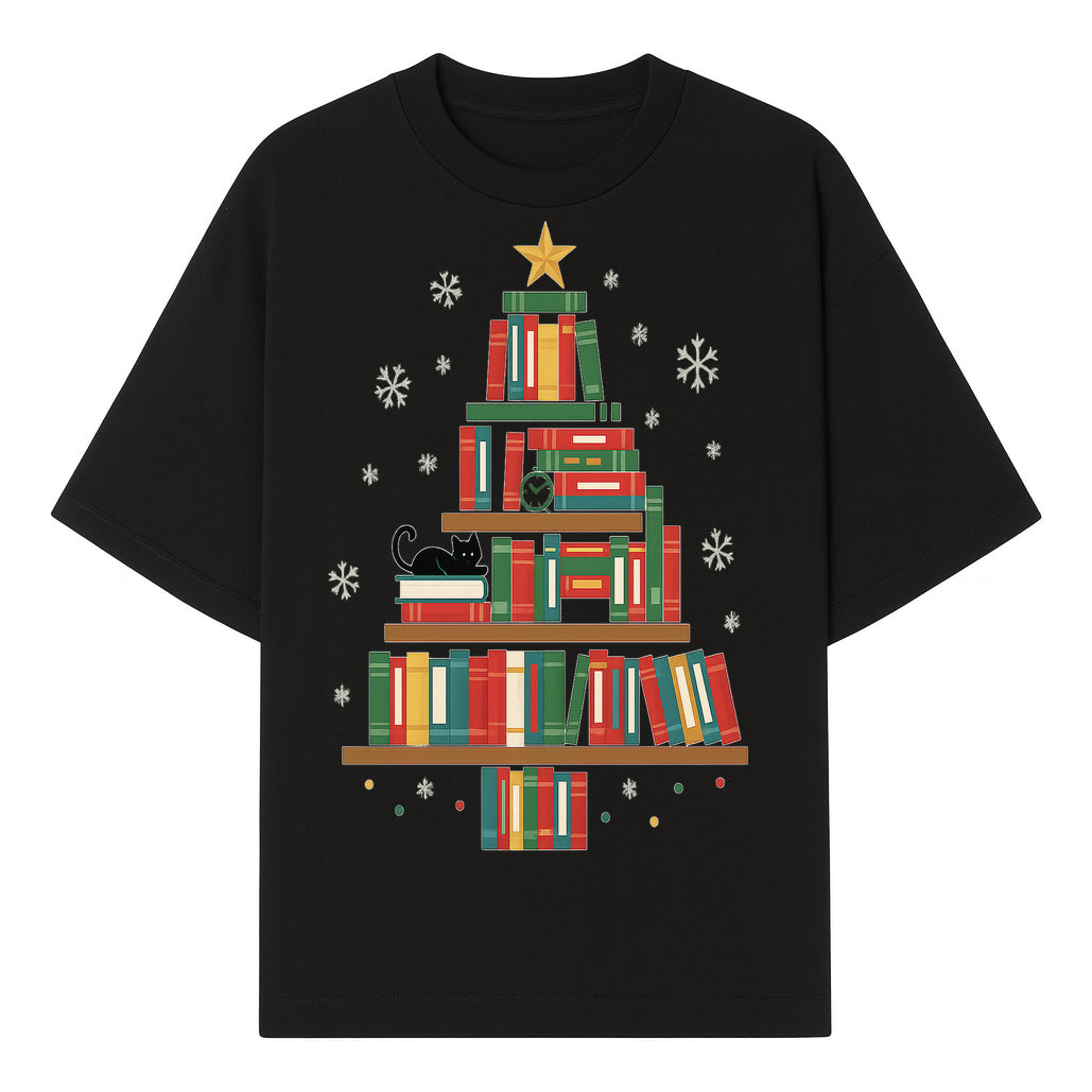 Christmas Tree Bookshelf Decor with Black Cat, Snowflakes, Vintage Style Holiday Wall Art, Perfect for Book Lovers - T-shirt 1758341633453.jpg