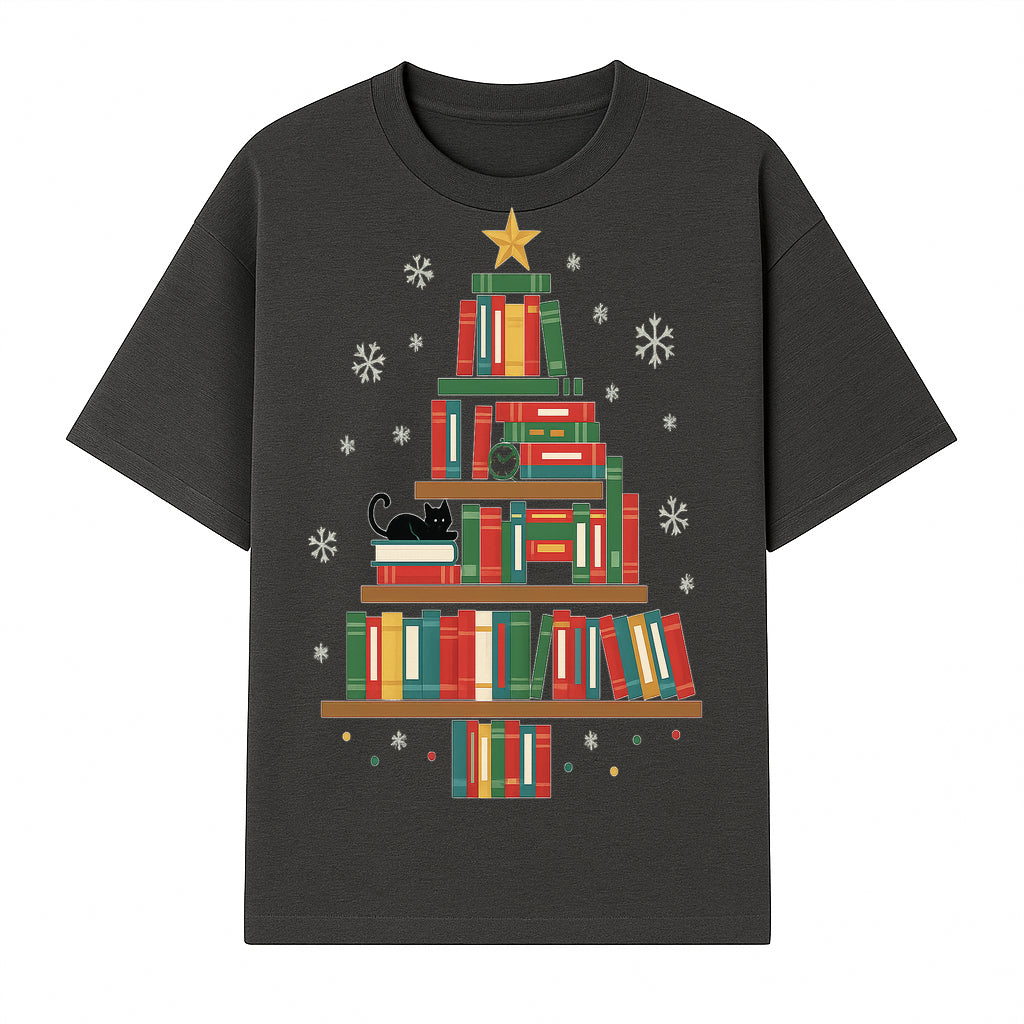 Christmas Tree Bookshelf Decor with Black Cat, Snowflakes, Vintage Style Holiday Wall Art, Perfect for Book Lovers - T-shirt 1758341633590.jpg