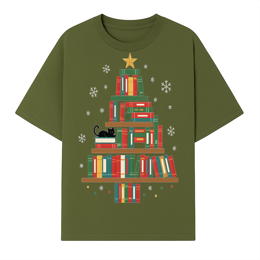 Christmas Tree Bookshelf Decor with Black Cat, Snowflakes, Vintage Style Holiday Wall Art, Perfect for Book Lovers - T-shirt 1758341633738.jpg
