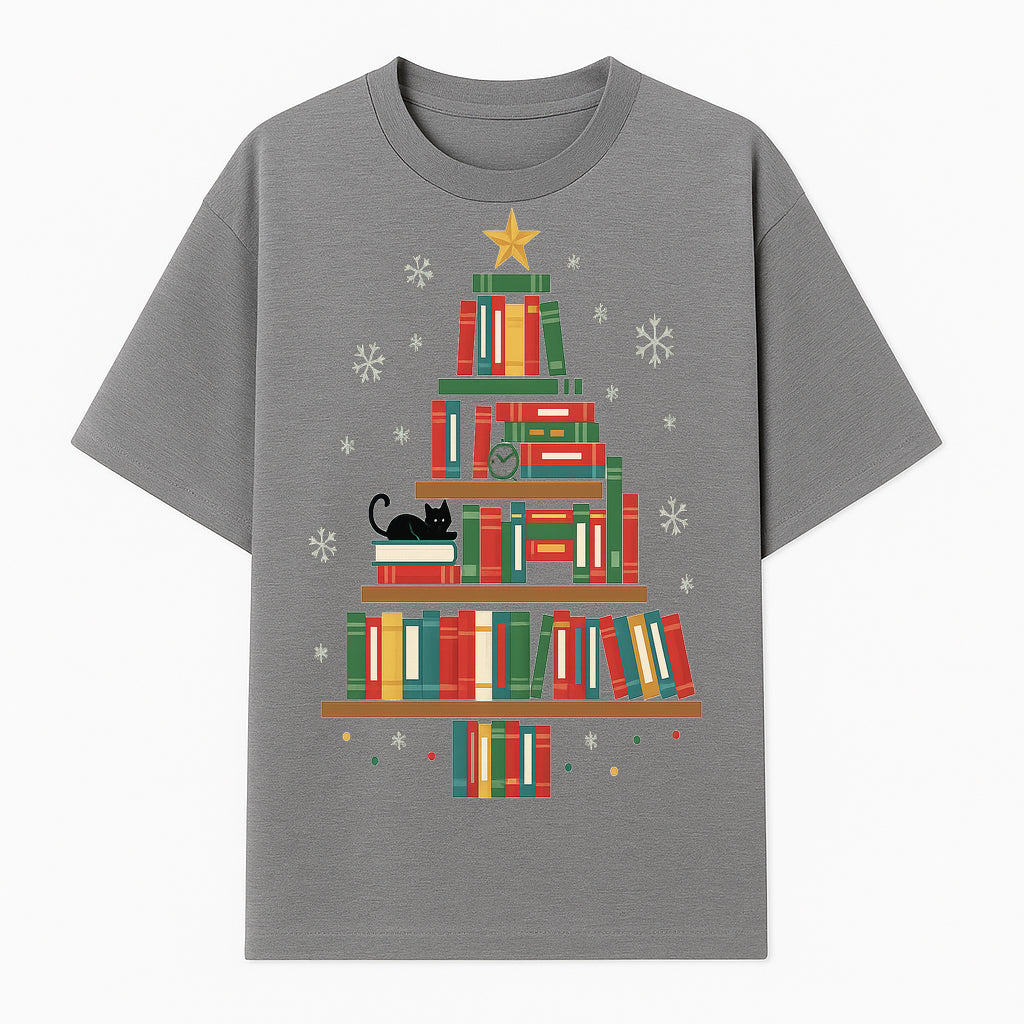 Christmas Tree Bookshelf Decor with Black Cat, Snowflakes, Vintage Style Holiday Wall Art, Perfect for Book Lovers - T-shirt 1758341633893.jpg