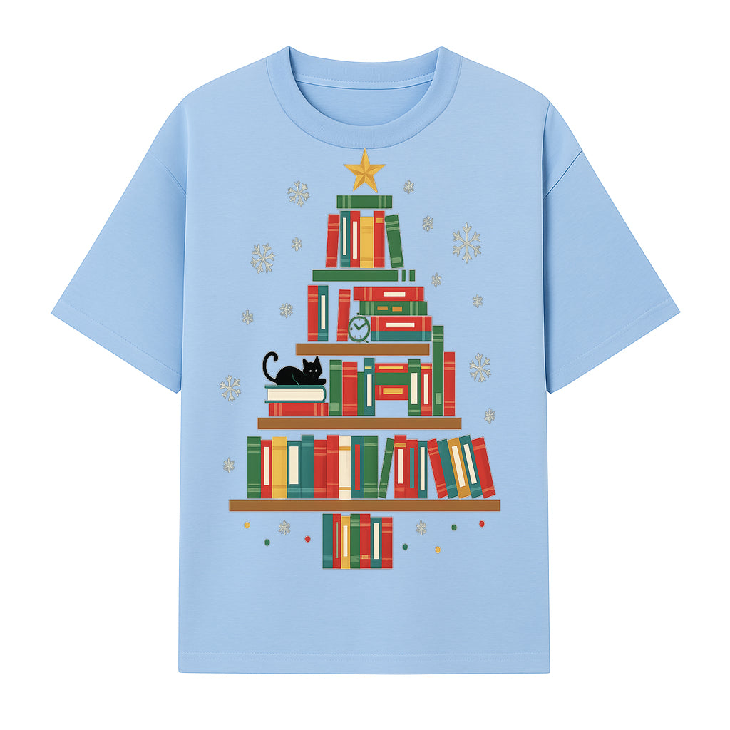 Christmas Tree Bookshelf Decor with Black Cat, Snowflakes, Vintage Style Holiday Wall Art, Perfect for Book Lovers - T-shirt 1758341634035.jpg