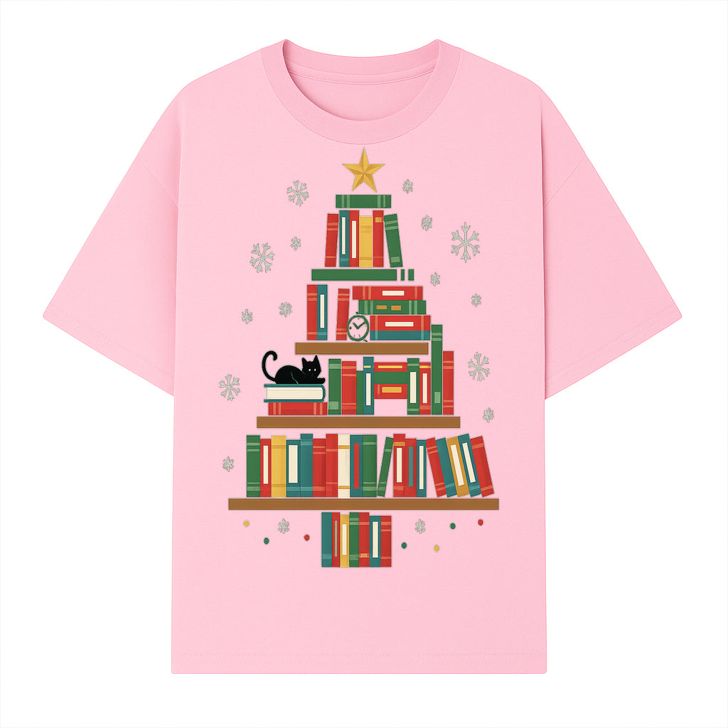 Christmas Tree Bookshelf Decor with Black Cat, Snowflakes, Vintage Style Holiday Wall Art, Perfect for Book Lovers - T-shirt 1758341634168.jpg