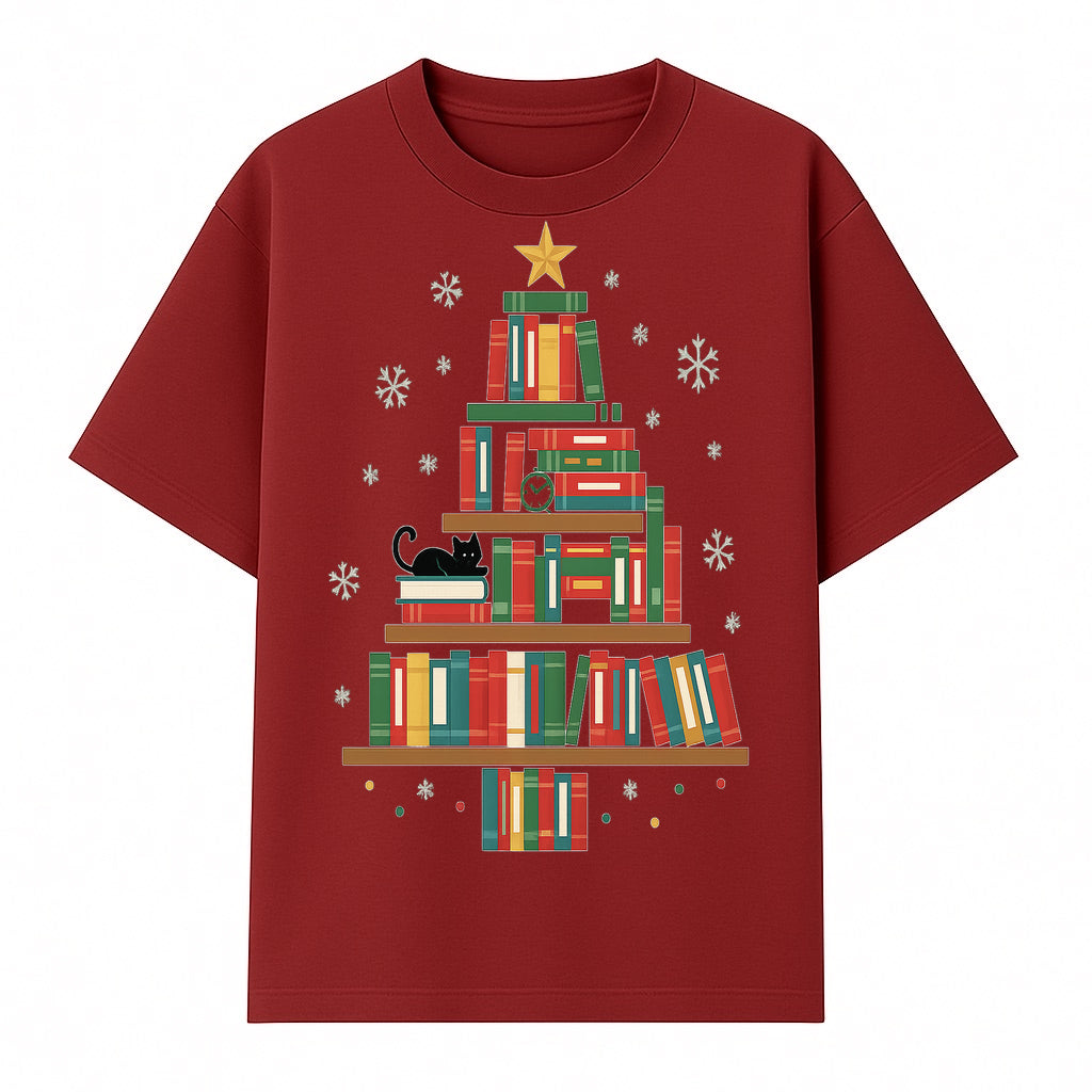 Christmas Tree Bookshelf Decor with Black Cat, Snowflakes, Vintage Style Holiday Wall Art, Perfect for Book Lovers - T-shirt 1758341634319.jpg