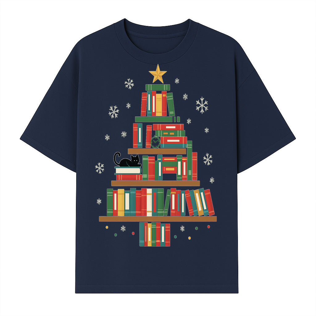 Christmas Tree Bookshelf Decor with Black Cat, Snowflakes, Vintage Style Holiday Wall Art, Perfect for Book Lovers - T-shirt 1758341634480.jpg