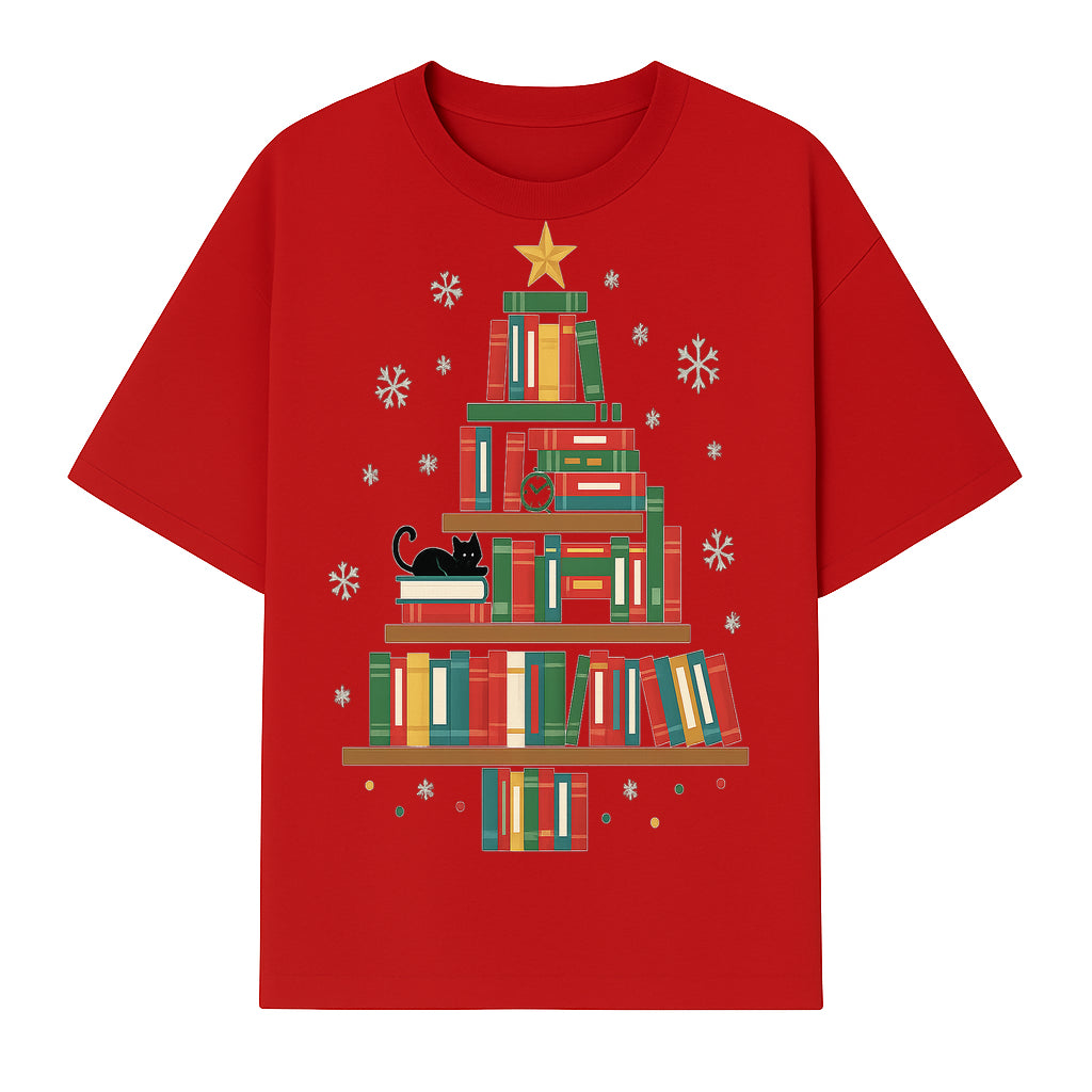 Christmas Tree Bookshelf Decor with Black Cat, Snowflakes, Vintage Style Holiday Wall Art, Perfect for Book Lovers - T-shirt 1758341634617.jpg