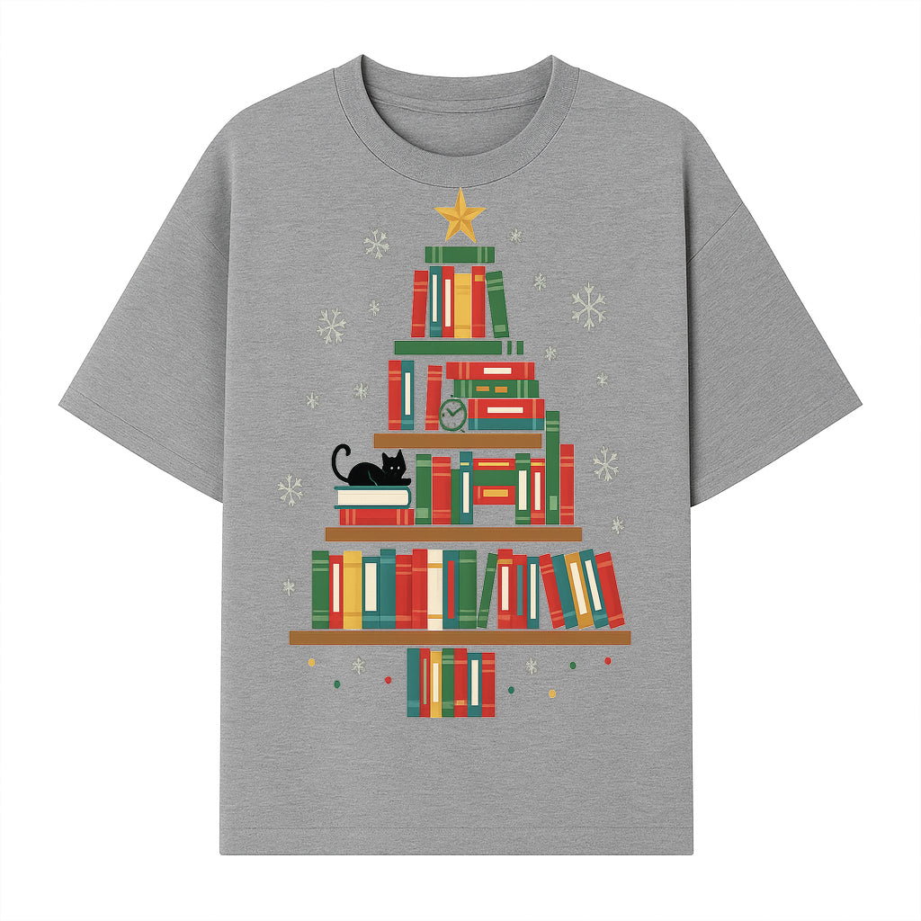 Christmas Tree Bookshelf Decor with Black Cat, Snowflakes, Vintage Style Holiday Wall Art, Perfect for Book Lovers - T-shirt 1758341634787.jpg