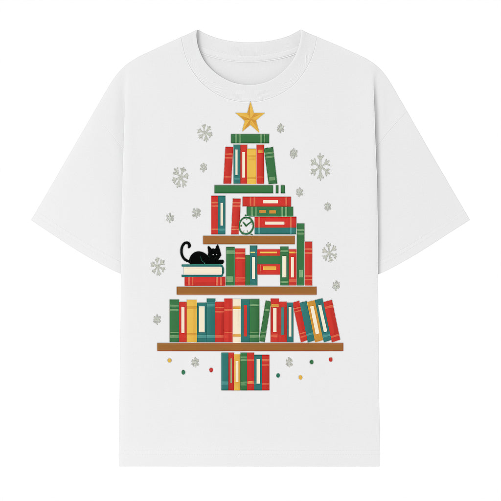 Christmas Tree Bookshelf Decor with Black Cat, Snowflakes, Vintage Style Holiday Wall Art, Perfect for Book Lovers - T-shirt 1758341634939.jpg