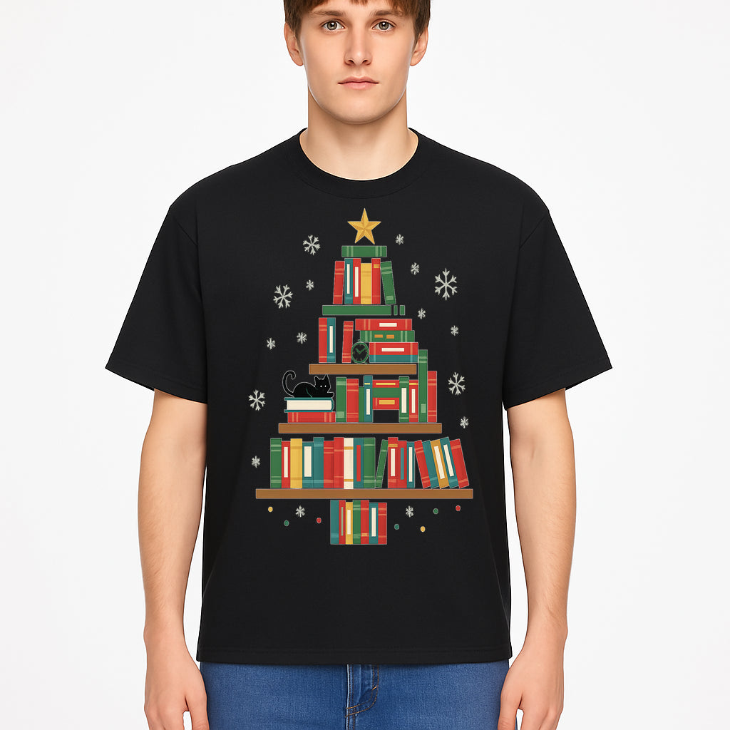 Christmas Tree Bookshelf Decor with Black Cat, Snowflakes, Vintage Style Holiday Wall Art, Perfect for Book Lovers - T-shirt 1758341636079.jpg