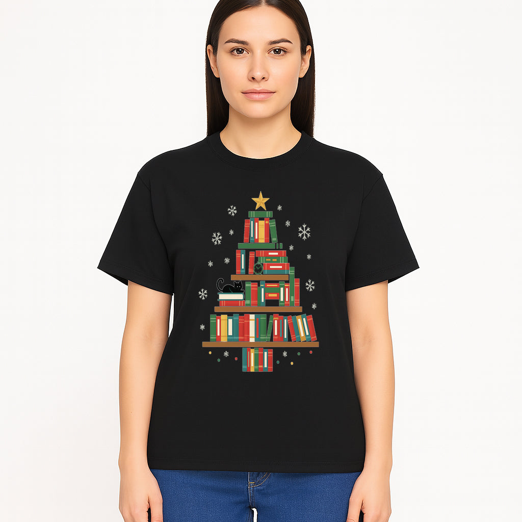 Christmas Tree Bookshelf Decor with Black Cat, Snowflakes, Vintage Style Holiday Wall Art, Perfect for Book Lovers - T-shirt 1758341636234.jpg