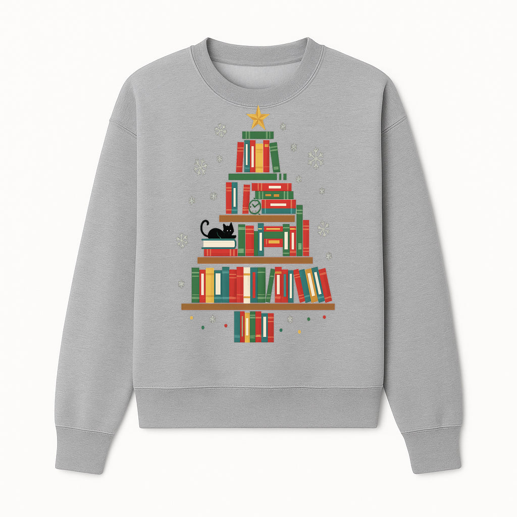 Christmas Tree Bookshelf Decor with Black Cat, Snowflakes, Vintage Style Holiday Wall Art, Perfect for Book Lovers - Sweatshirt 1758341636392.jpg