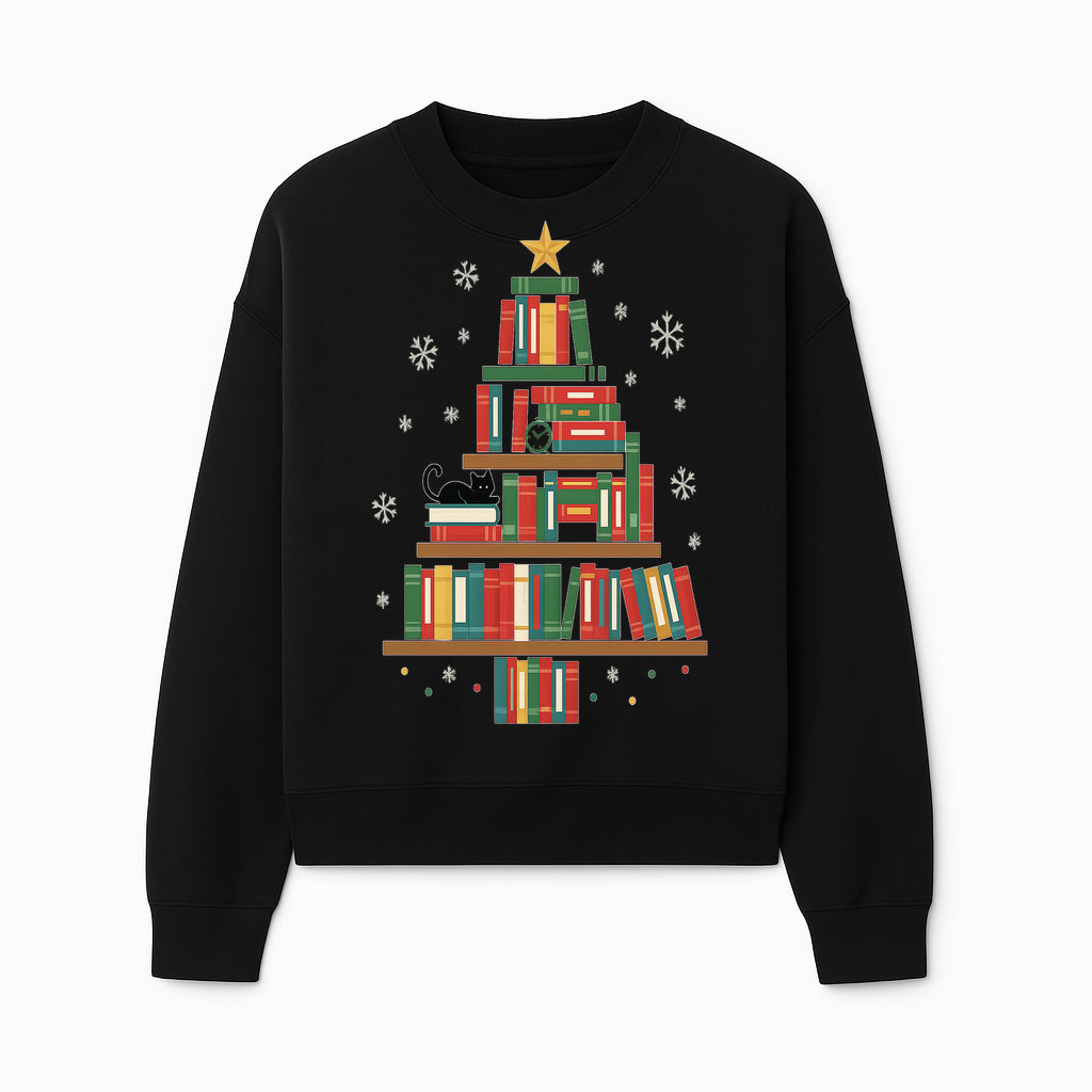 Christmas Tree Bookshelf Decor with Black Cat, Snowflakes, Vintage Style Holiday Wall Art, Perfect for Book Lovers - Sweatshirt 1758341636533.jpg