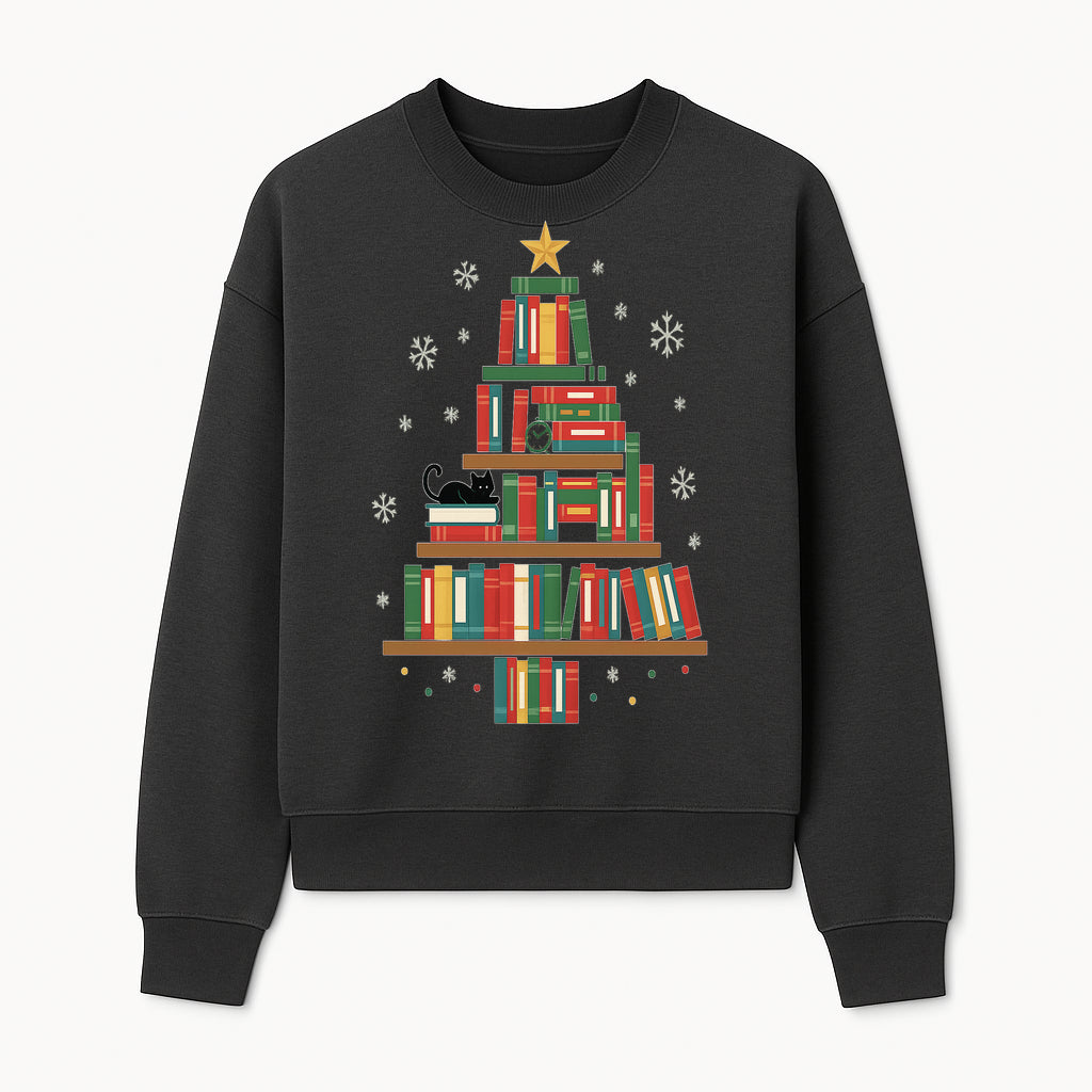 Christmas Tree Bookshelf Decor with Black Cat, Snowflakes, Vintage Style Holiday Wall Art, Perfect for Book Lovers - Sweatshirt 1758341636666.jpg