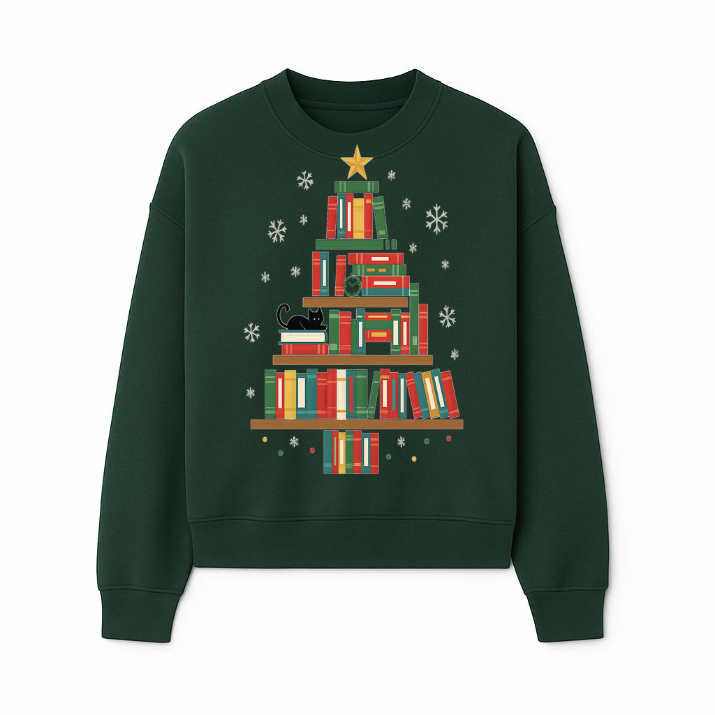 Christmas Tree Bookshelf Decor with Black Cat, Snowflakes, Vintage Style Holiday Wall Art, Perfect for Book Lovers - Sweatshirt 1758341636805.jpg
