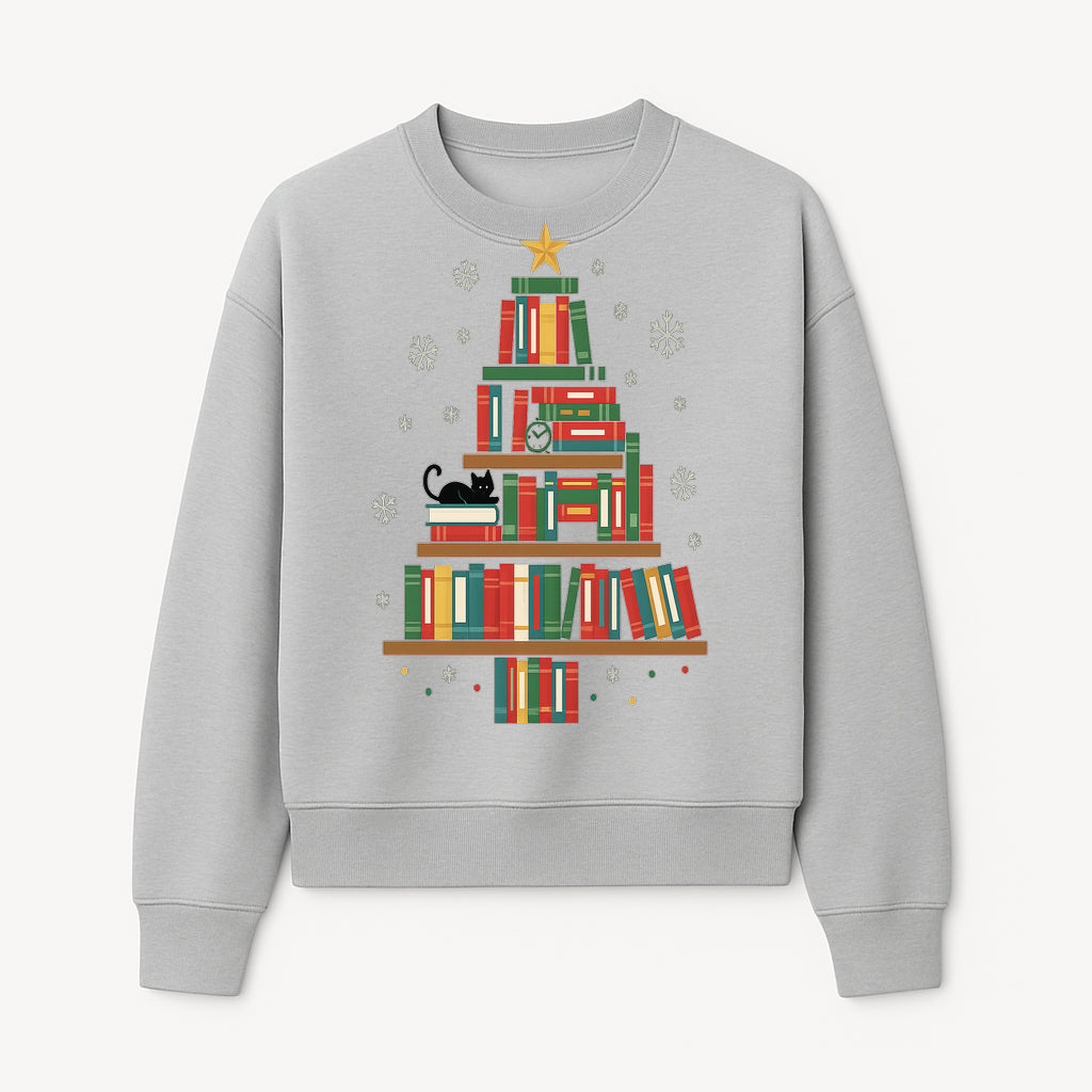 Christmas Tree Bookshelf Decor with Black Cat, Snowflakes, Vintage Style Holiday Wall Art, Perfect for Book Lovers - Sweatshirt 1758341636929.jpg