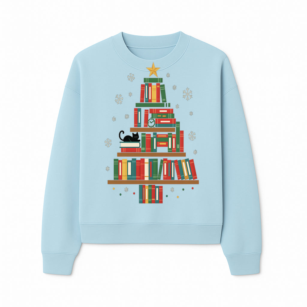 Christmas Tree Bookshelf Decor with Black Cat, Snowflakes, Vintage Style Holiday Wall Art, Perfect for Book Lovers - Sweatshirt 1758341637086.jpg