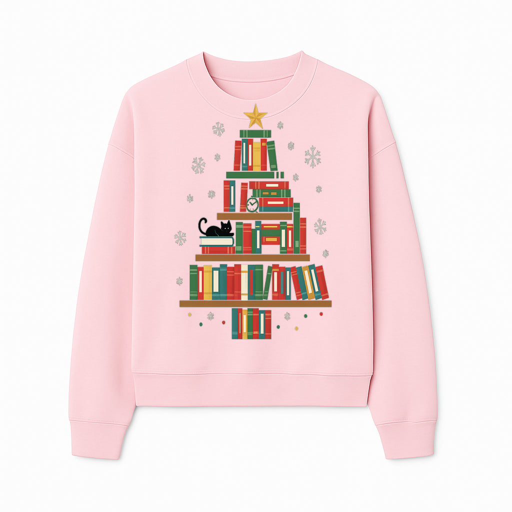 Christmas Tree Bookshelf Decor with Black Cat, Snowflakes, Vintage Style Holiday Wall Art, Perfect for Book Lovers - Sweatshirt 1758341637239.jpg