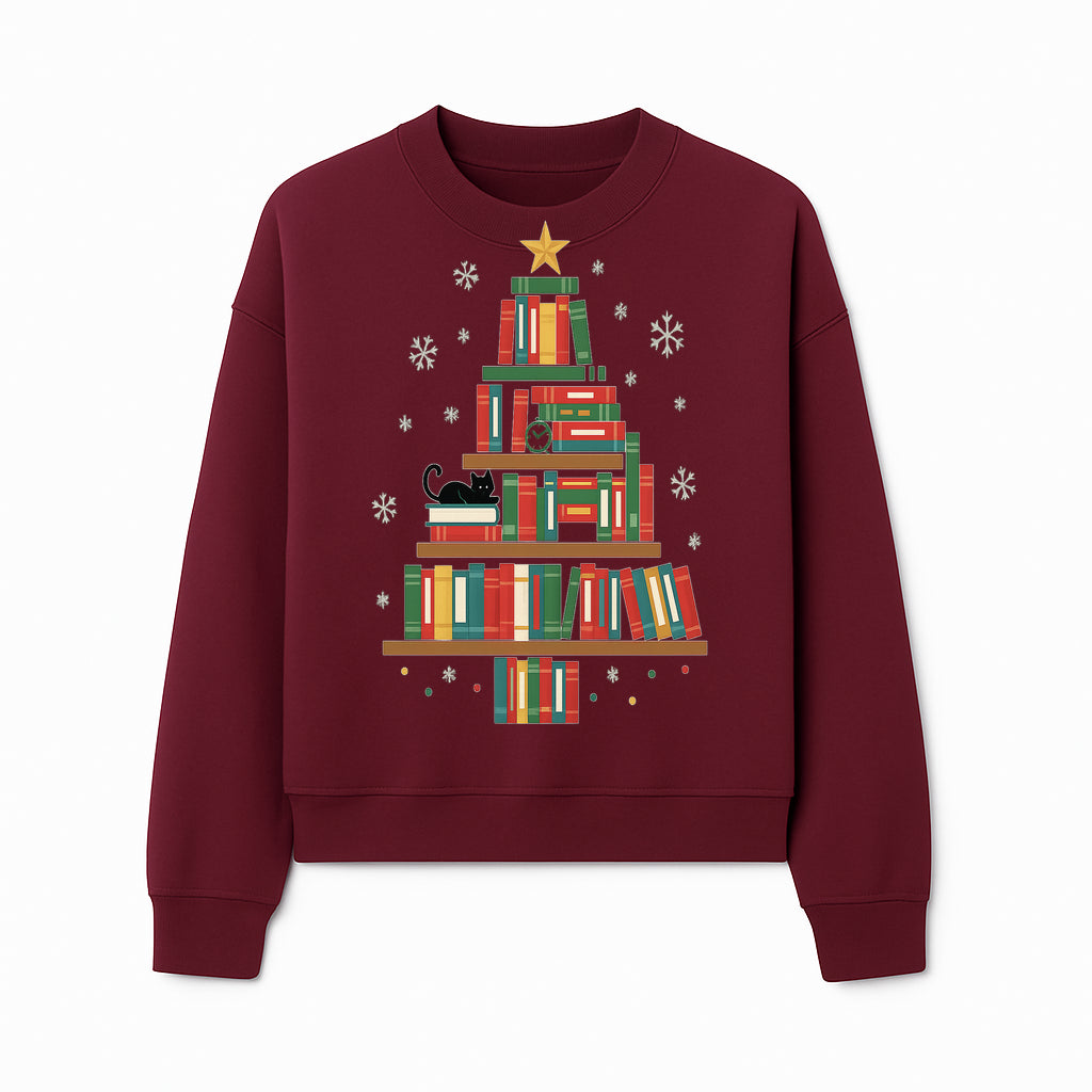 Christmas Tree Bookshelf Decor with Black Cat, Snowflakes, Vintage Style Holiday Wall Art, Perfect for Book Lovers - Sweatshirt 1758341637394.jpg