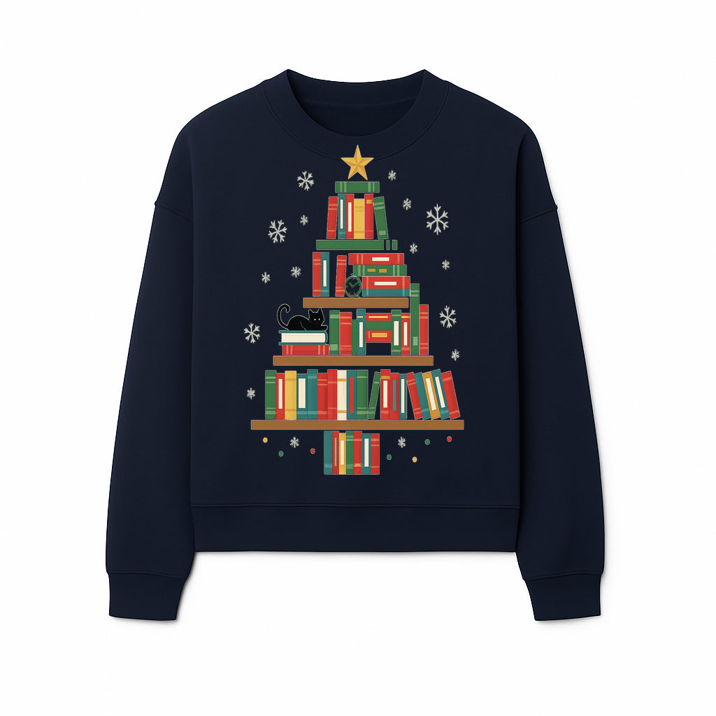 Christmas Tree Bookshelf Decor with Black Cat, Snowflakes, Vintage Style Holiday Wall Art, Perfect for Book Lovers - Sweatshirt 1758341637523.jpg