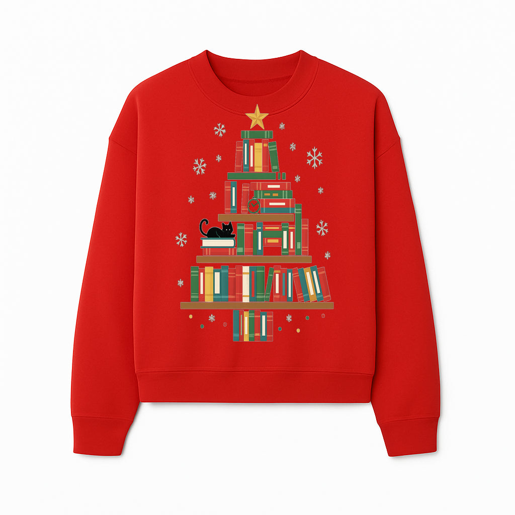 Christmas Tree Bookshelf Decor with Black Cat, Snowflakes, Vintage Style Holiday Wall Art, Perfect for Book Lovers - Sweatshirt 1758341637673.jpg