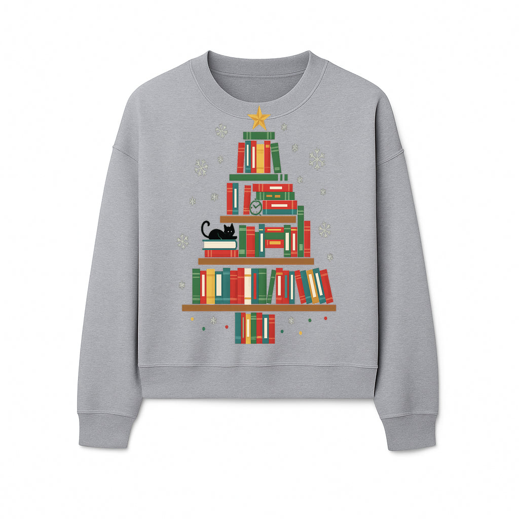 Christmas Tree Bookshelf Decor with Black Cat, Snowflakes, Vintage Style Holiday Wall Art, Perfect for Book Lovers - Sweatshirt 1758341637800.jpg