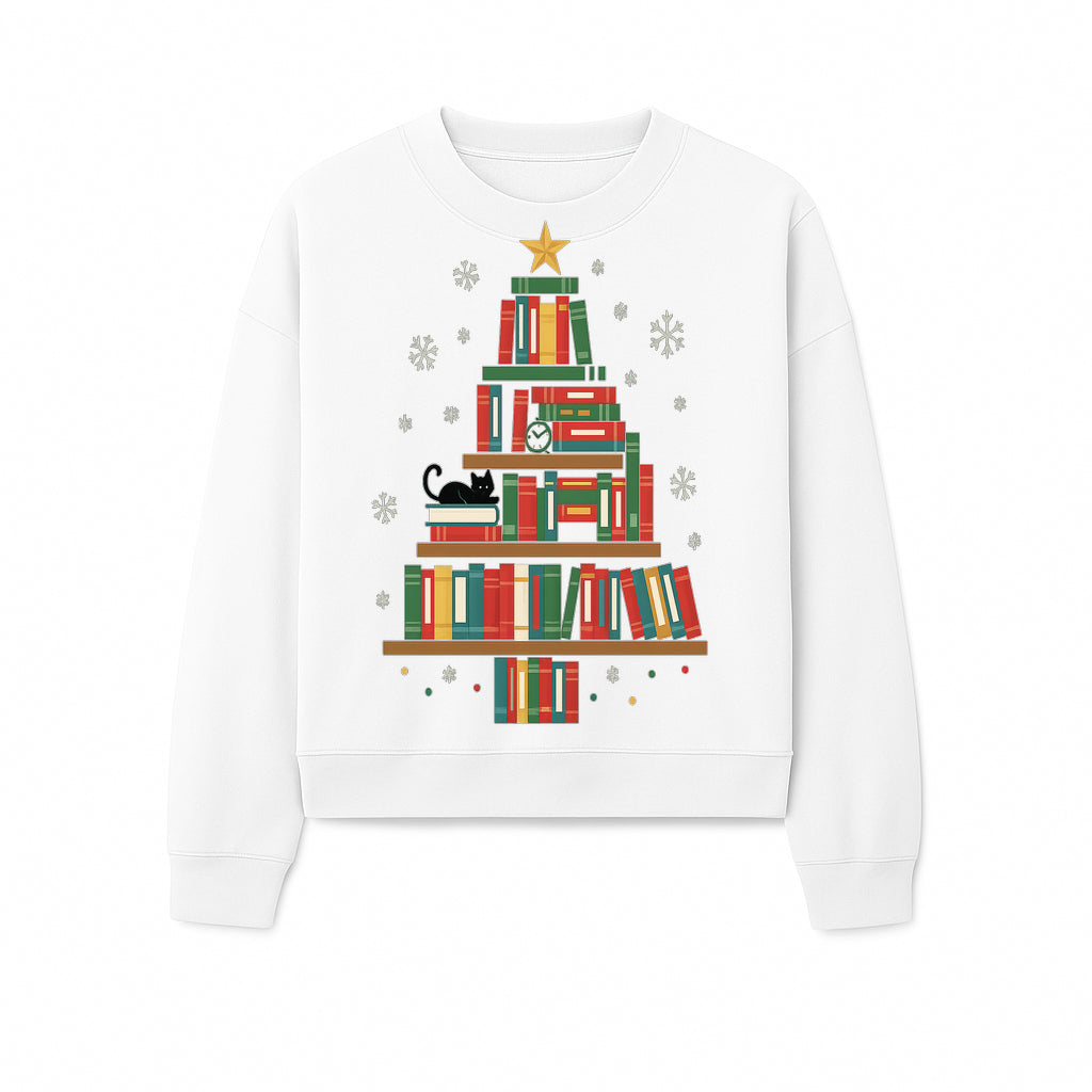 Christmas Tree Bookshelf Decor with Black Cat, Snowflakes, Vintage Style Holiday Wall Art, Perfect for Book Lovers - Sweatshirt 1758341637913.jpg