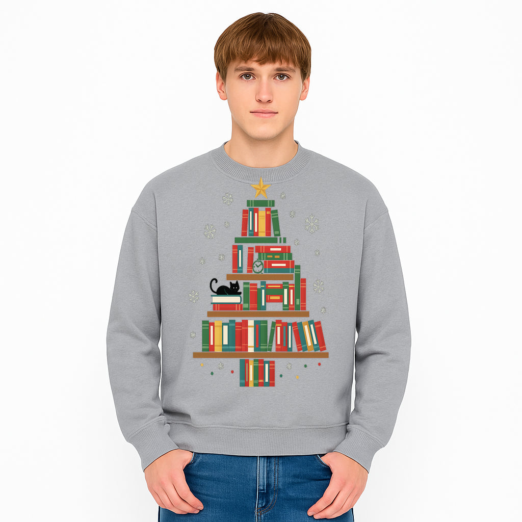 Christmas Tree Bookshelf Decor with Black Cat, Snowflakes, Vintage Style Holiday Wall Art, Perfect for Book Lovers - Sweatshirt 1758341639063.jpg