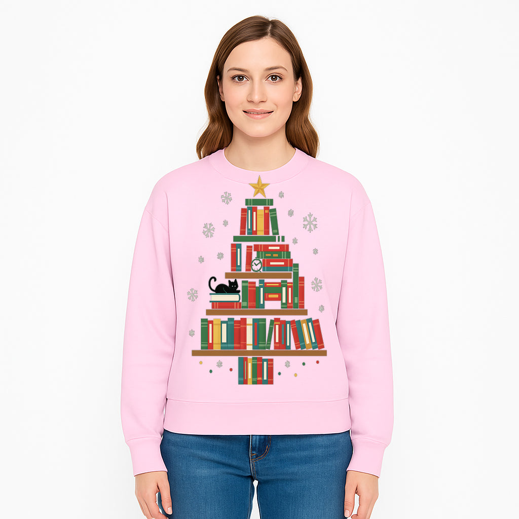 Christmas Tree Bookshelf Decor with Black Cat, Snowflakes, Vintage Style Holiday Wall Art, Perfect for Book Lovers - Sweatshirt 1758341639221.jpg