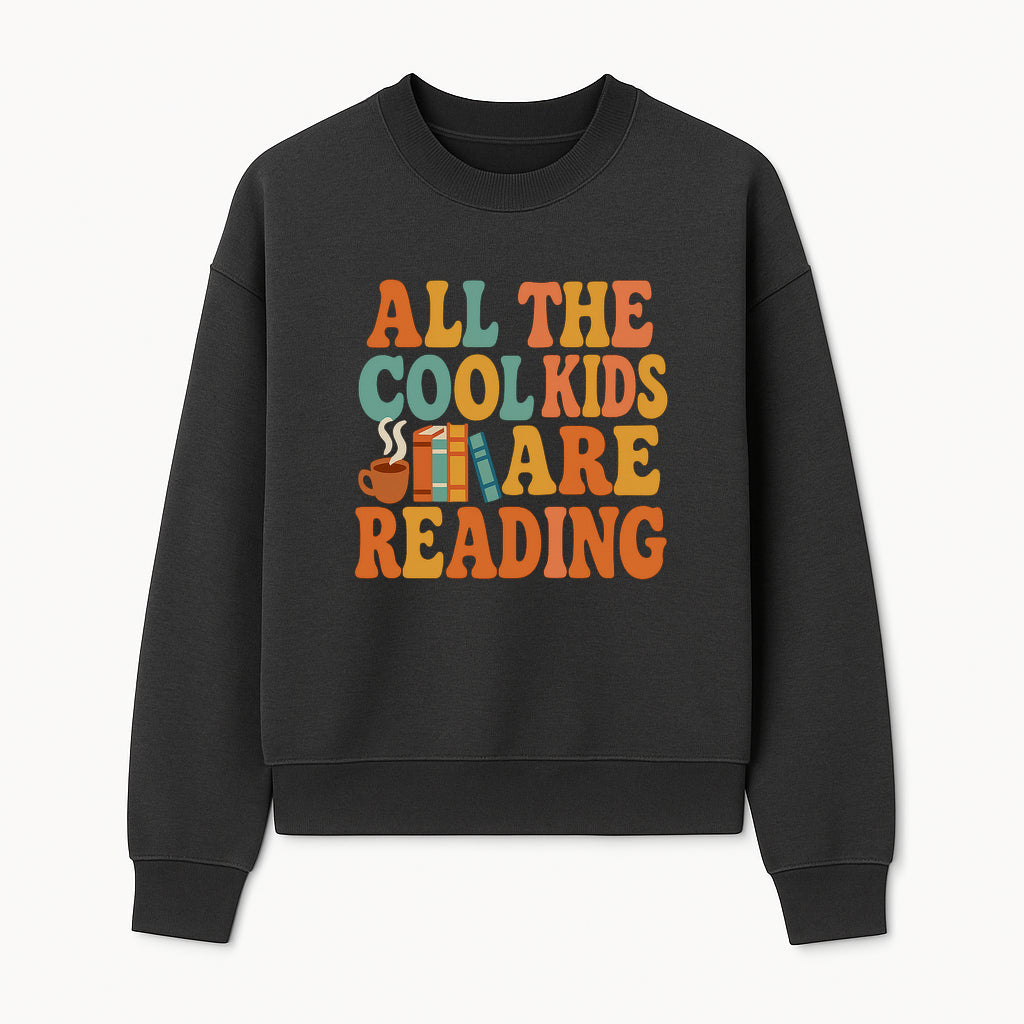 All the Cool Kids Are Reading - Book Lovers Wall Art Print with Coffee and Books Illustration - Sweatshirt 1758341643222.jpg