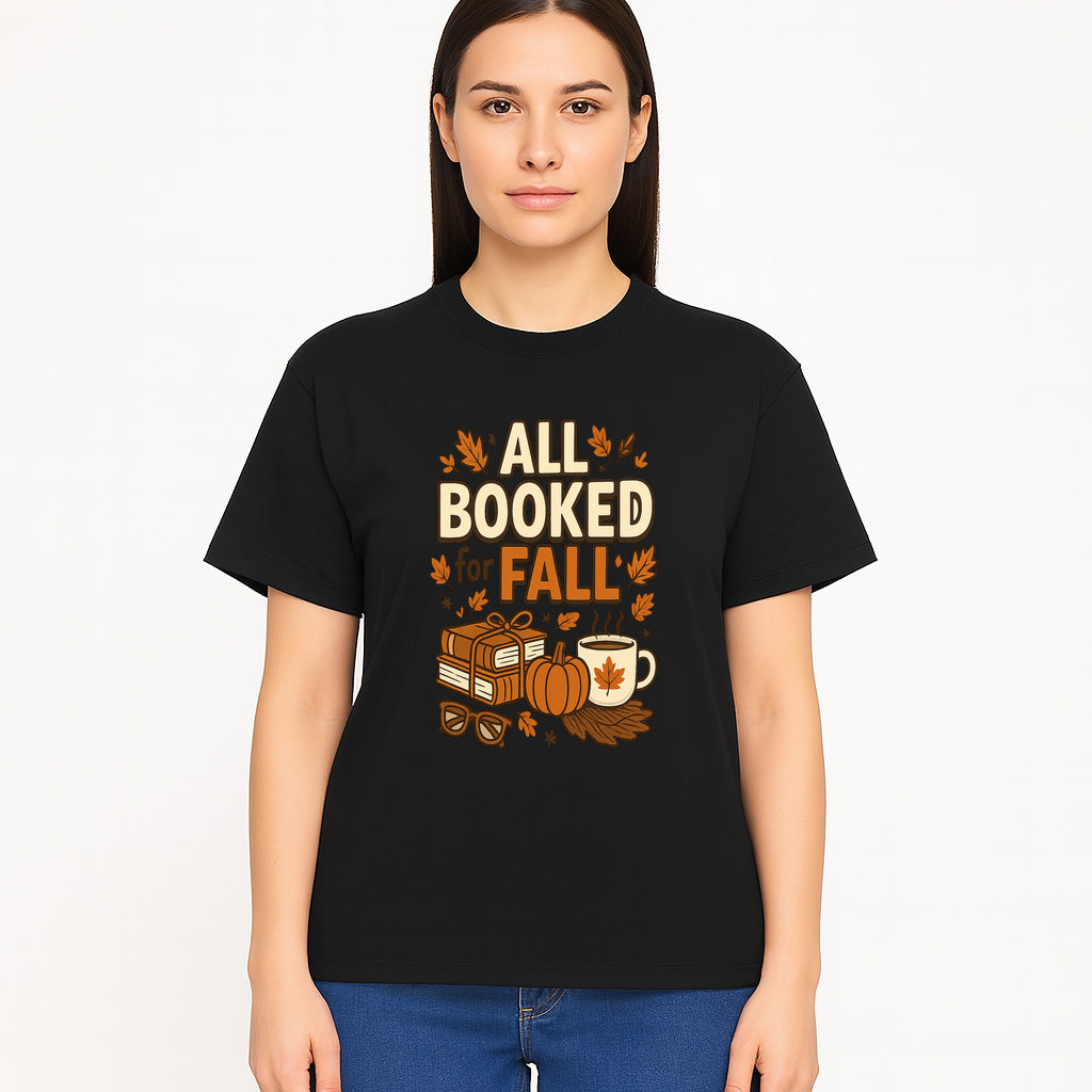 All Booked for Fall T-shirt Cozy Autumn Design with Books, Pumpkin, Coffee, and Leaves Perfect for Book Lovers - T-shirt 1758341643771.jpg