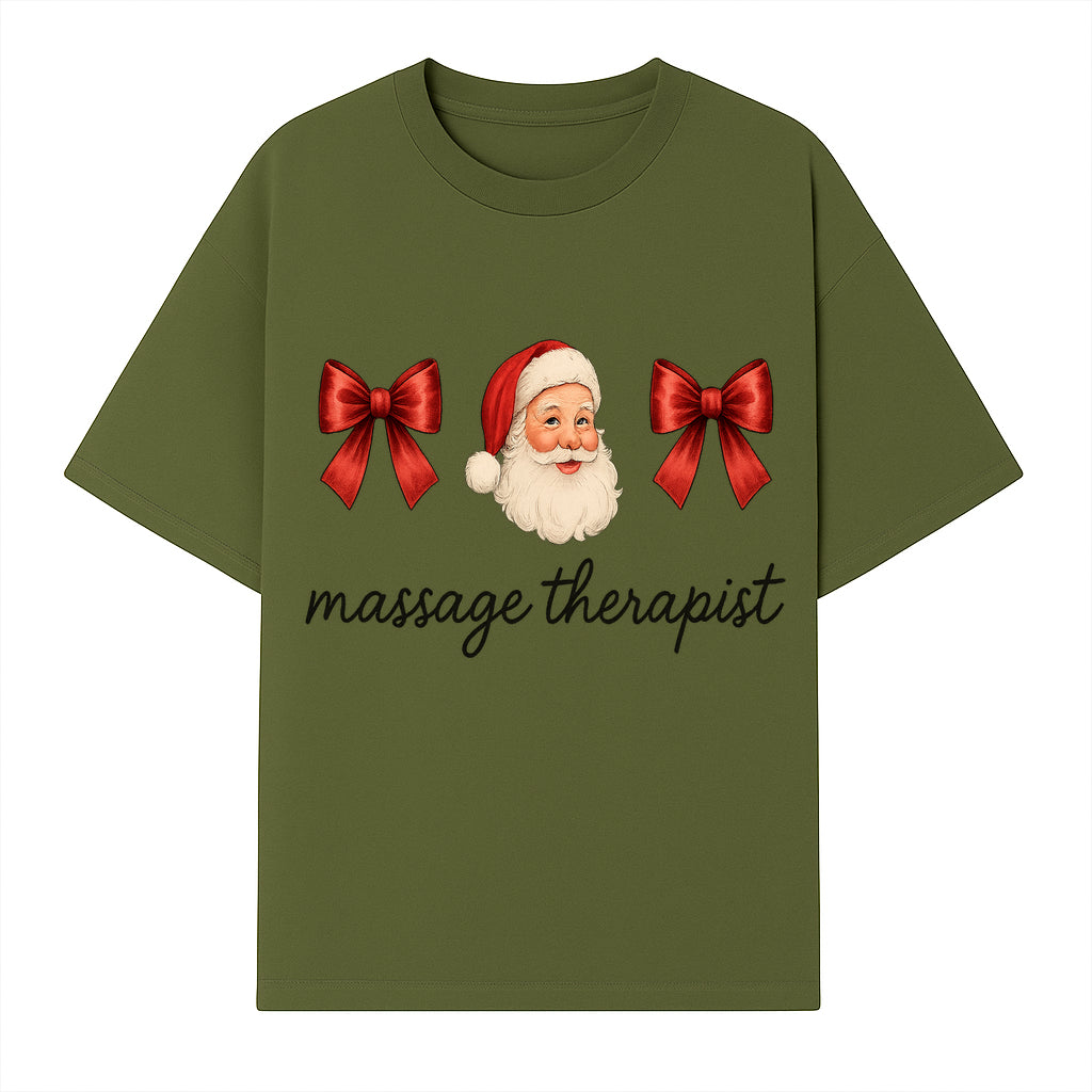 Christmas Massage Therapist Gift | Santa Illustration with Bows | Relaxation Spa Decor | Holiday Therapy Humor - T-shirt 1758350855197.jpg