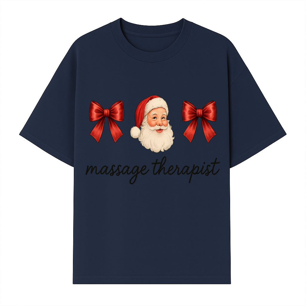Christmas Massage Therapist Gift | Santa Illustration with Bows | Relaxation Spa Decor | Holiday Therapy Humor - T-shirt 1758350855861.jpg