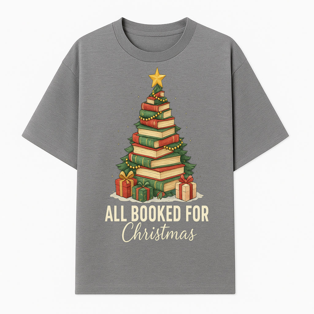 All Booked for Christmas - Festive Book Tree Art Print, Holiday Decor for Book Lovers, Christmas Gift Idea - T-shirt 1758388394237.jpg