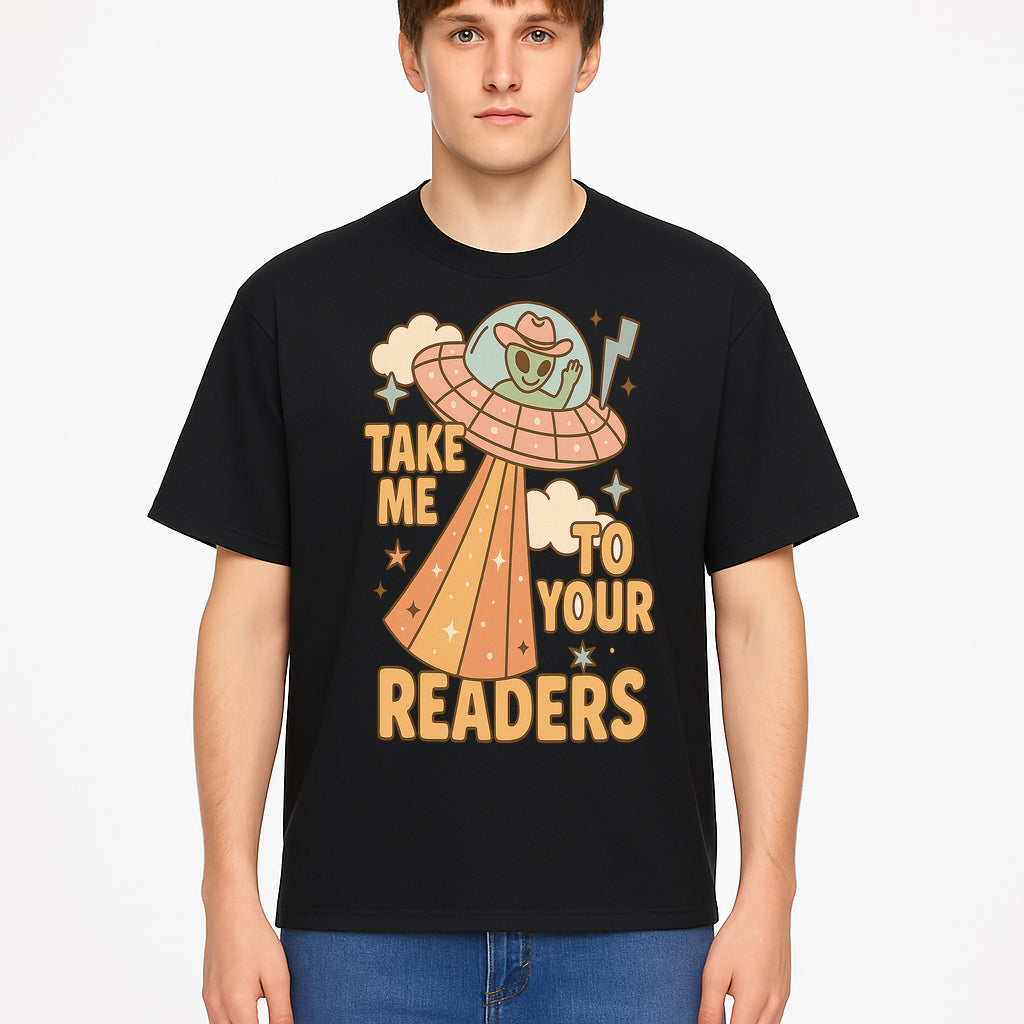 Alien UFO Reading Shirt - Take Me to Your Readers Cute Graphic Tee for Book Lovers, Readers, and Sci-Fi Fans. Cozy Vintage Style. - T-shirt 1758388396374.jpg
