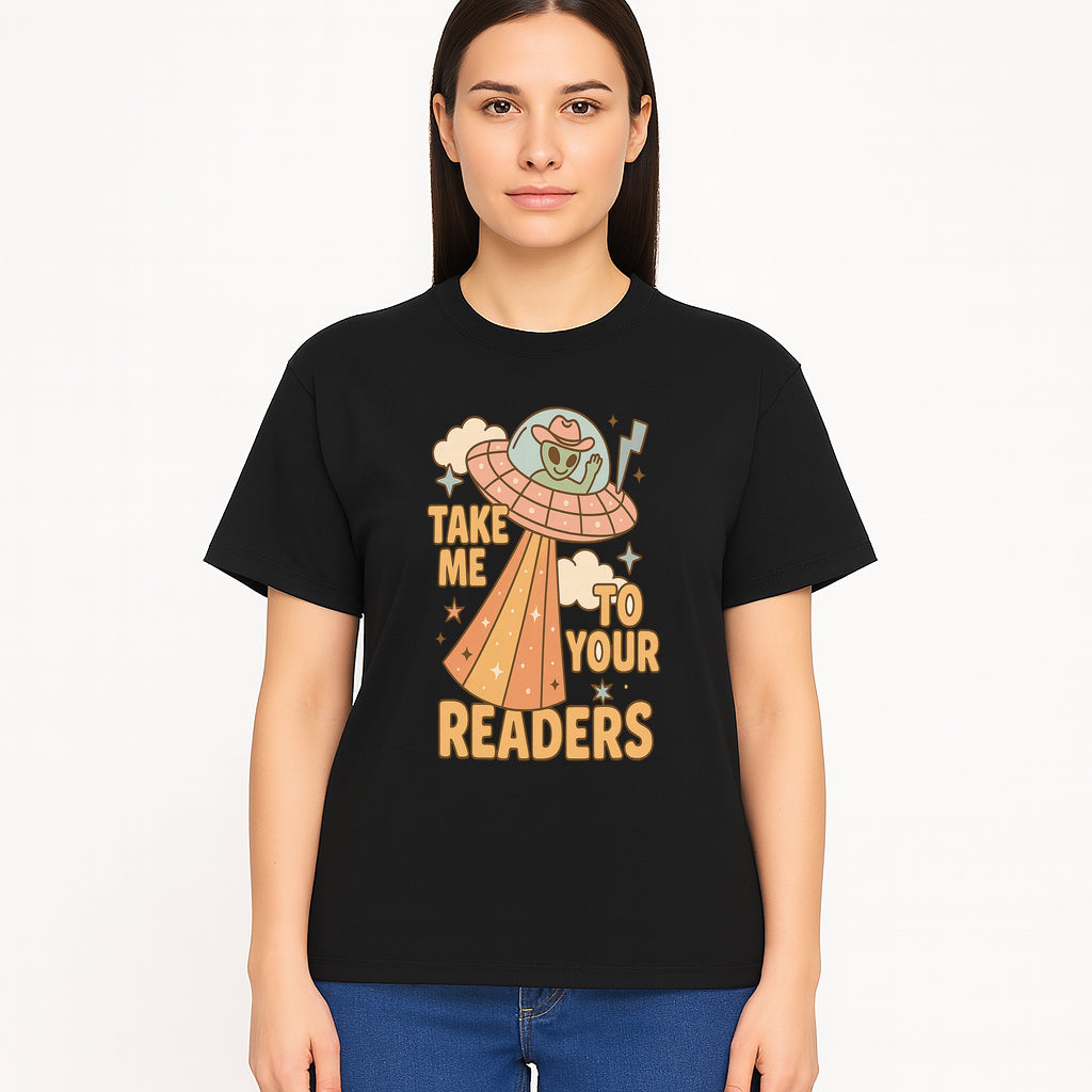 Alien UFO Reading Shirt - Take Me to Your Readers Cute Graphic Tee for Book Lovers, Readers, and Sci-Fi Fans. Cozy Vintage Style. - T-shirt 1758388396523.jpg