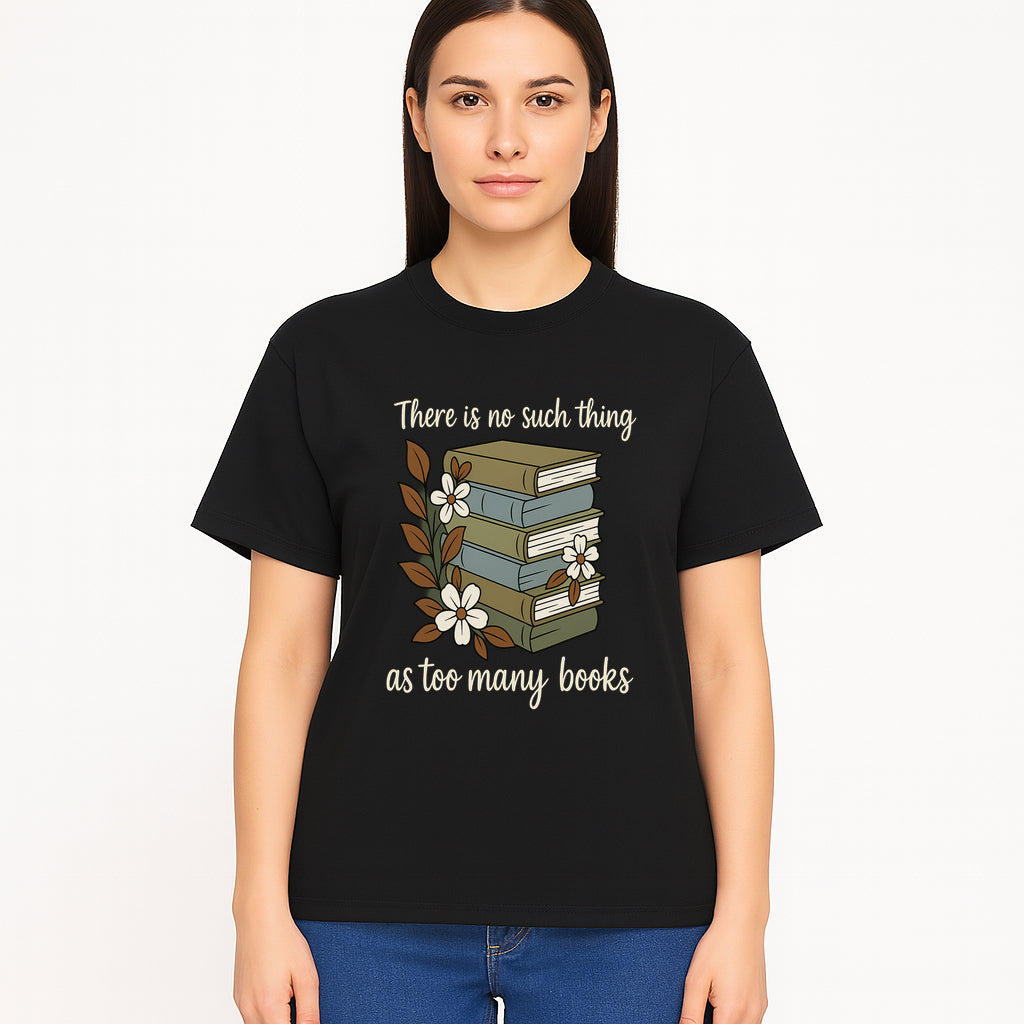 Book Lover Wall Art Print - 'No Such Thing as Too Many Books' - Vintage Stack of Books with Flowers Decor - T-shirt 1758388418095.jpg