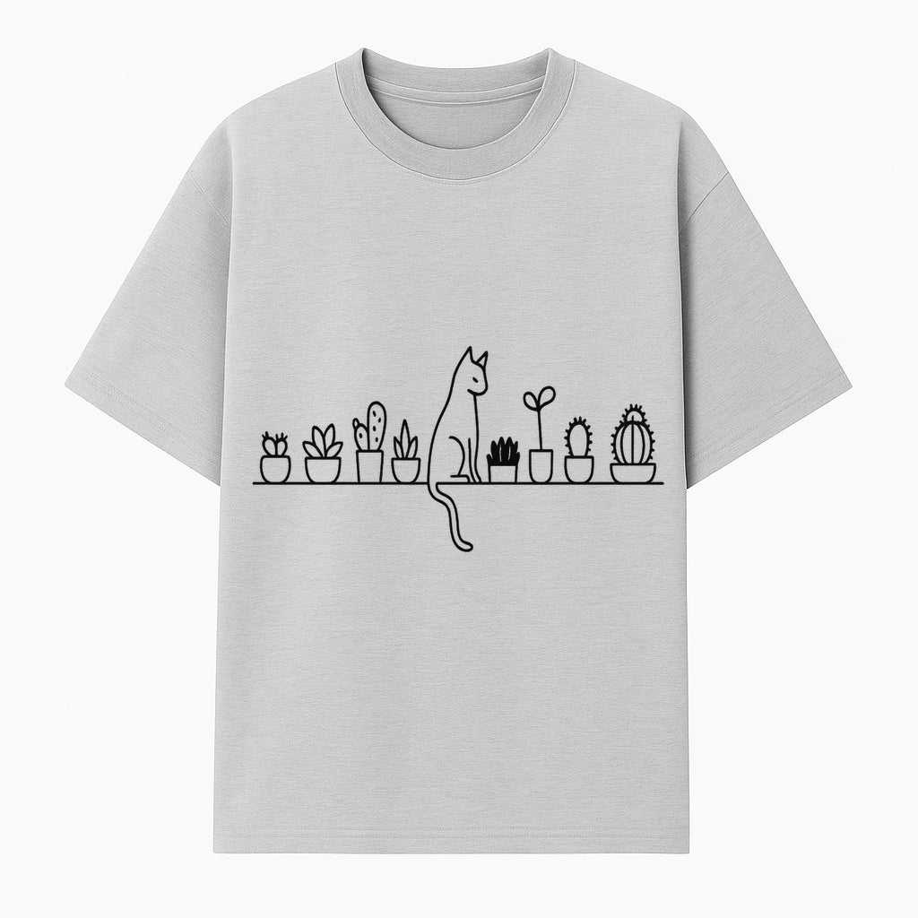 Cat and Cactus Wall Art, Minimalist Plant Decor, Line Drawing Home Decor, Cactus Shelf Art, Modern Cat Lover Gift, Botanical Wall Art - T-shirt 1758473788238.jpg