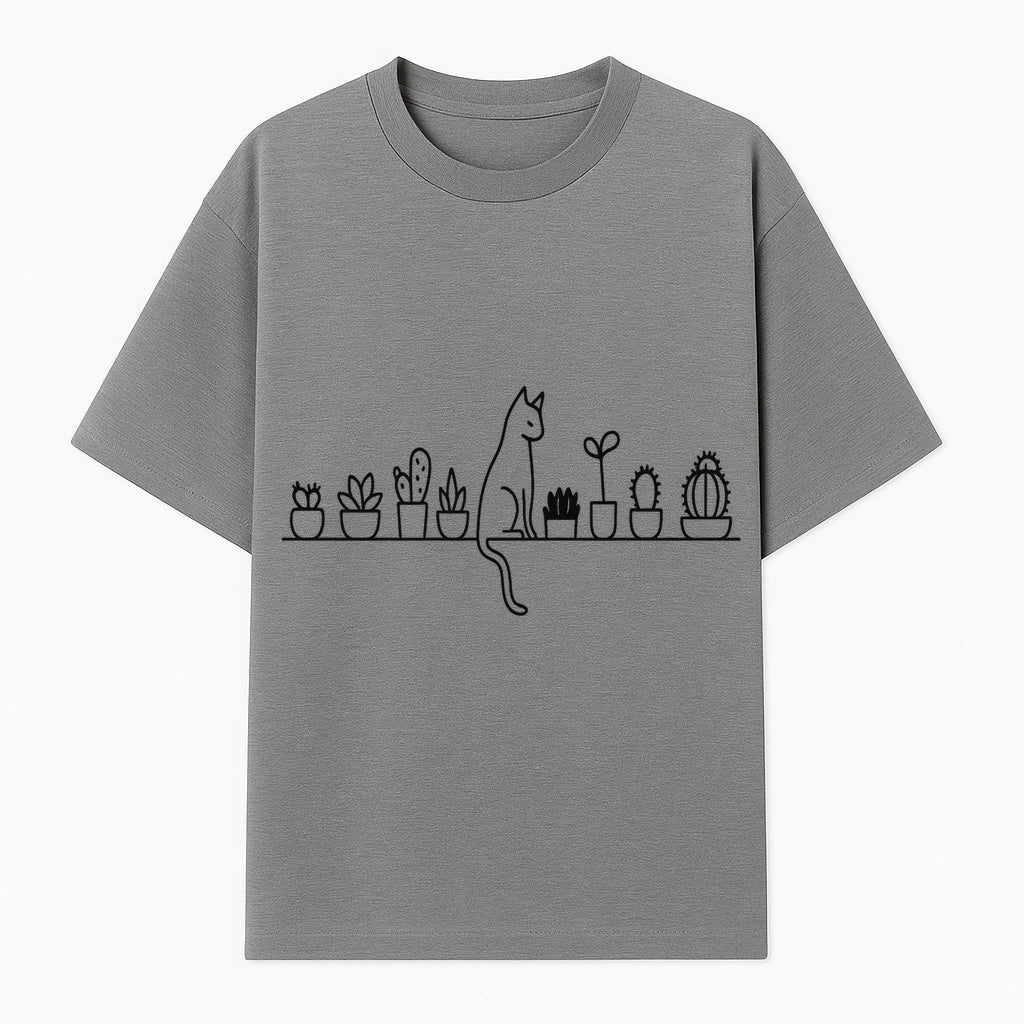 Cat and Cactus Wall Art, Minimalist Plant Decor, Line Drawing Home Decor, Cactus Shelf Art, Modern Cat Lover Gift, Botanical Wall Art - T-shirt 1758473788754.jpg
