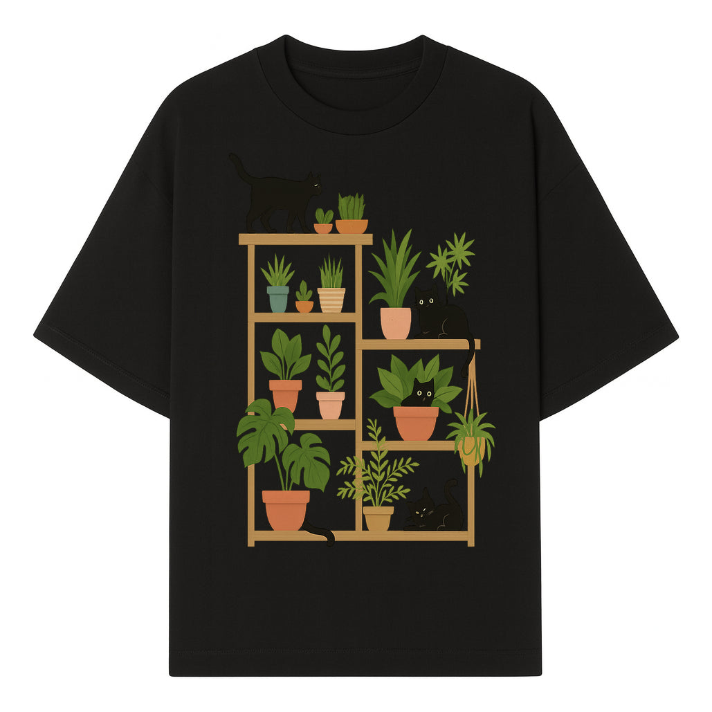 Black Cat and Plant Wall Art, Indoor Nature Decor, Minimalist Greenery Print, Cute Cat Lover Wall Hanging, Home Office Decoration - T-shirt 1758473788955.jpg