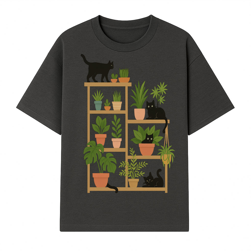 Black Cat and Plant Wall Art, Indoor Nature Decor, Minimalist Greenery Print, Cute Cat Lover Wall Hanging, Home Office Decoration - T-shirt 1758473789164.jpg