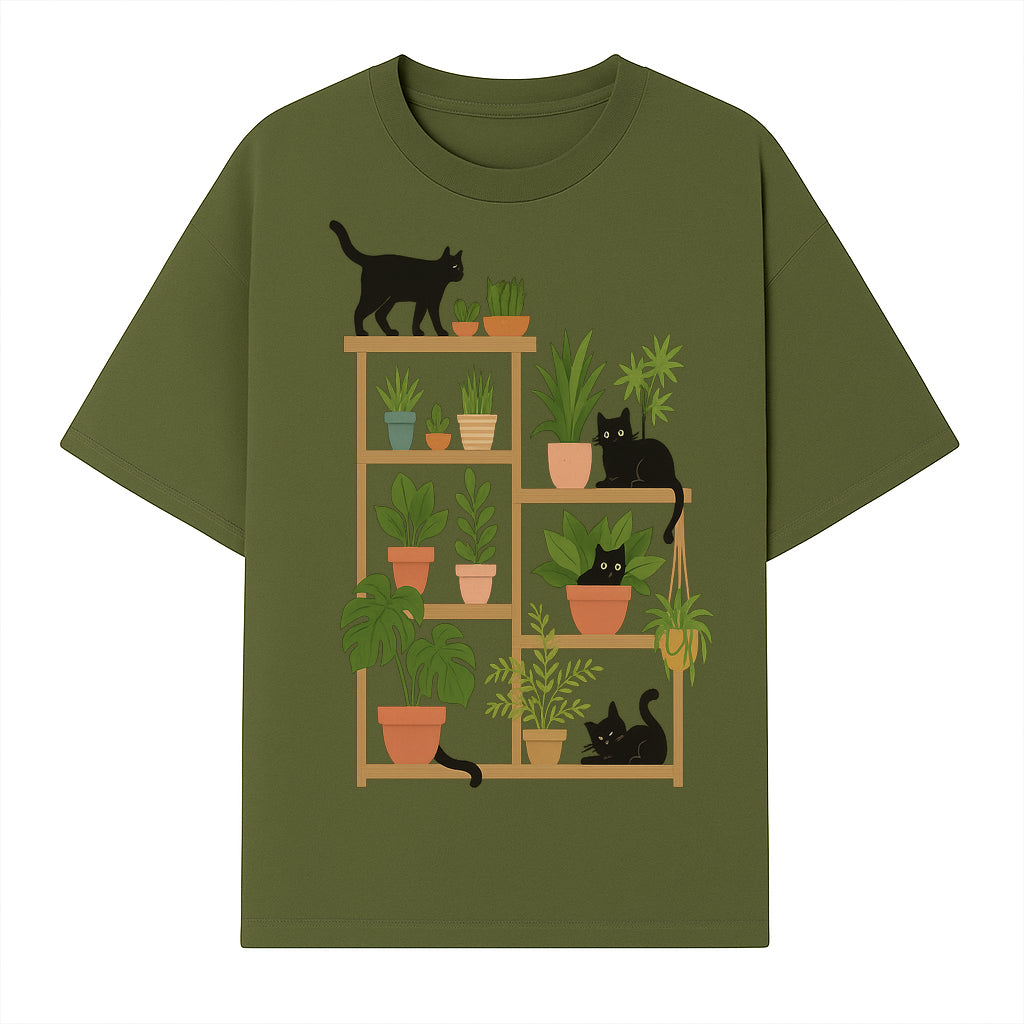 Black Cat and Plant Wall Art, Indoor Nature Decor, Minimalist Greenery Print, Cute Cat Lover Wall Hanging, Home Office Decoration - T-shirt 1758473789268.jpg