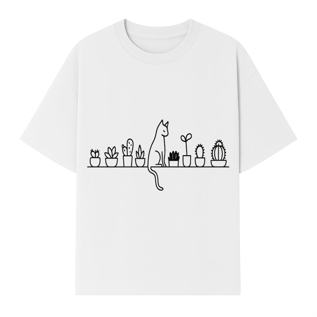Cat and Cactus Wall Art, Minimalist Plant Decor, Line Drawing Home Decor, Cactus Shelf Art, Modern Cat Lover Gift, Botanical Wall Art - T-shirt 1758473789666.jpg