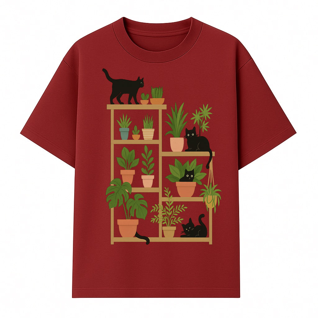 Black Cat and Plant Wall Art, Indoor Nature Decor, Minimalist Greenery Print, Cute Cat Lover Wall Hanging, Home Office Decoration - T-shirt 1758473789778.jpg