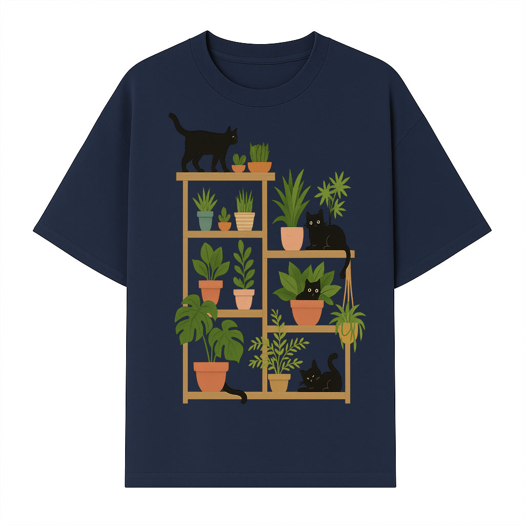 Black Cat and Plant Wall Art, Indoor Nature Decor, Minimalist Greenery Print, Cute Cat Lover Wall Hanging, Home Office Decoration - T-shirt 1758473789894.jpg