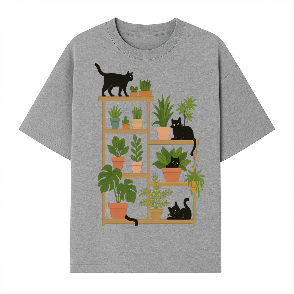 Black Cat and Plant Wall Art, Indoor Nature Decor, Minimalist Greenery Print, Cute Cat Lover Wall Hanging, Home Office Decoration - T-shirt 1758473790191.jpg
