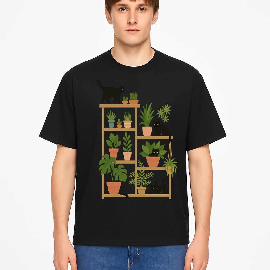 Black Cat and Plant Wall Art, Indoor Nature Decor, Minimalist Greenery Print, Cute Cat Lover Wall Hanging, Home Office Decoration - T-shirt 1758473791456.jpg
