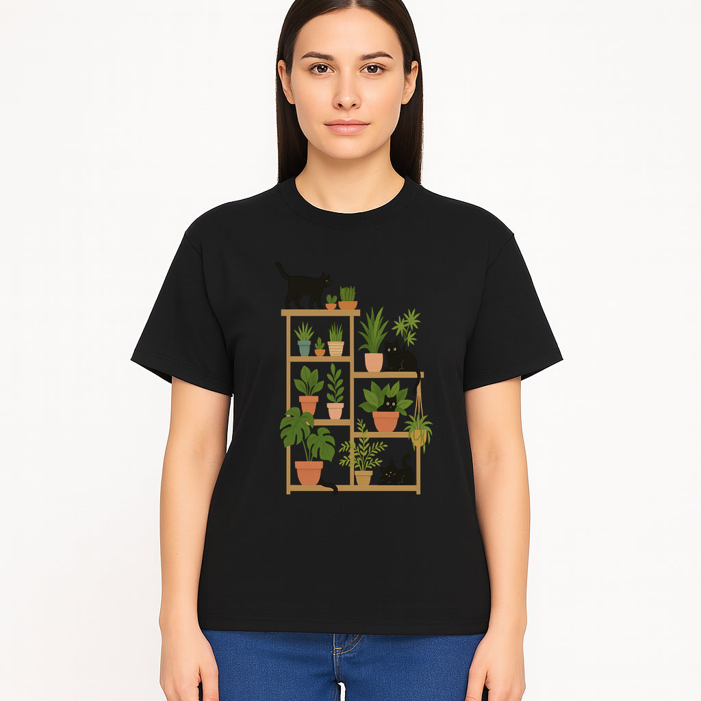 Black Cat and Plant Wall Art, Indoor Nature Decor, Minimalist Greenery Print, Cute Cat Lover Wall Hanging, Home Office Decoration - T-shirt 1758473791582.jpg