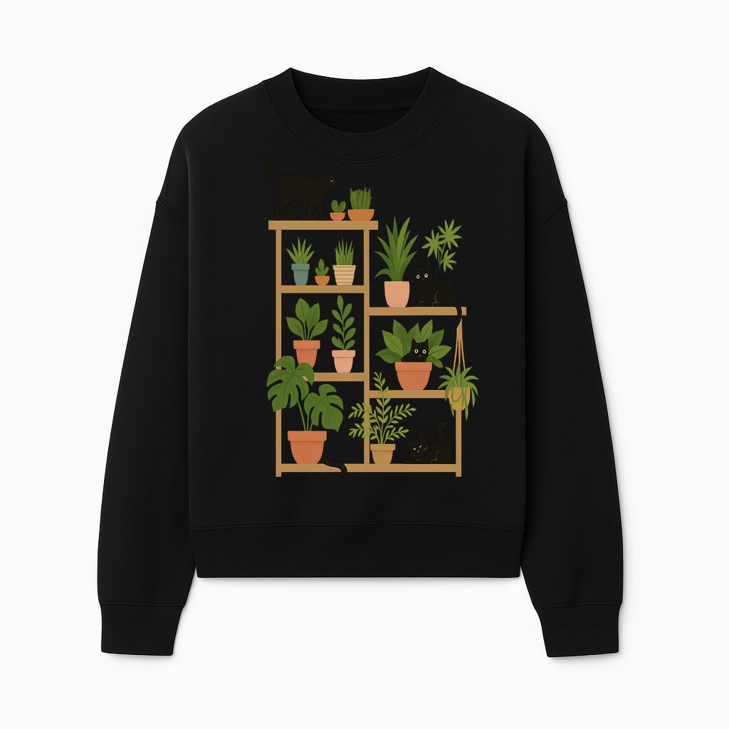 Black Cat and Plant Wall Art, Indoor Nature Decor, Minimalist Greenery Print, Cute Cat Lover Wall Hanging, Home Office Decoration - Sweatshirt 1758473791908.jpg